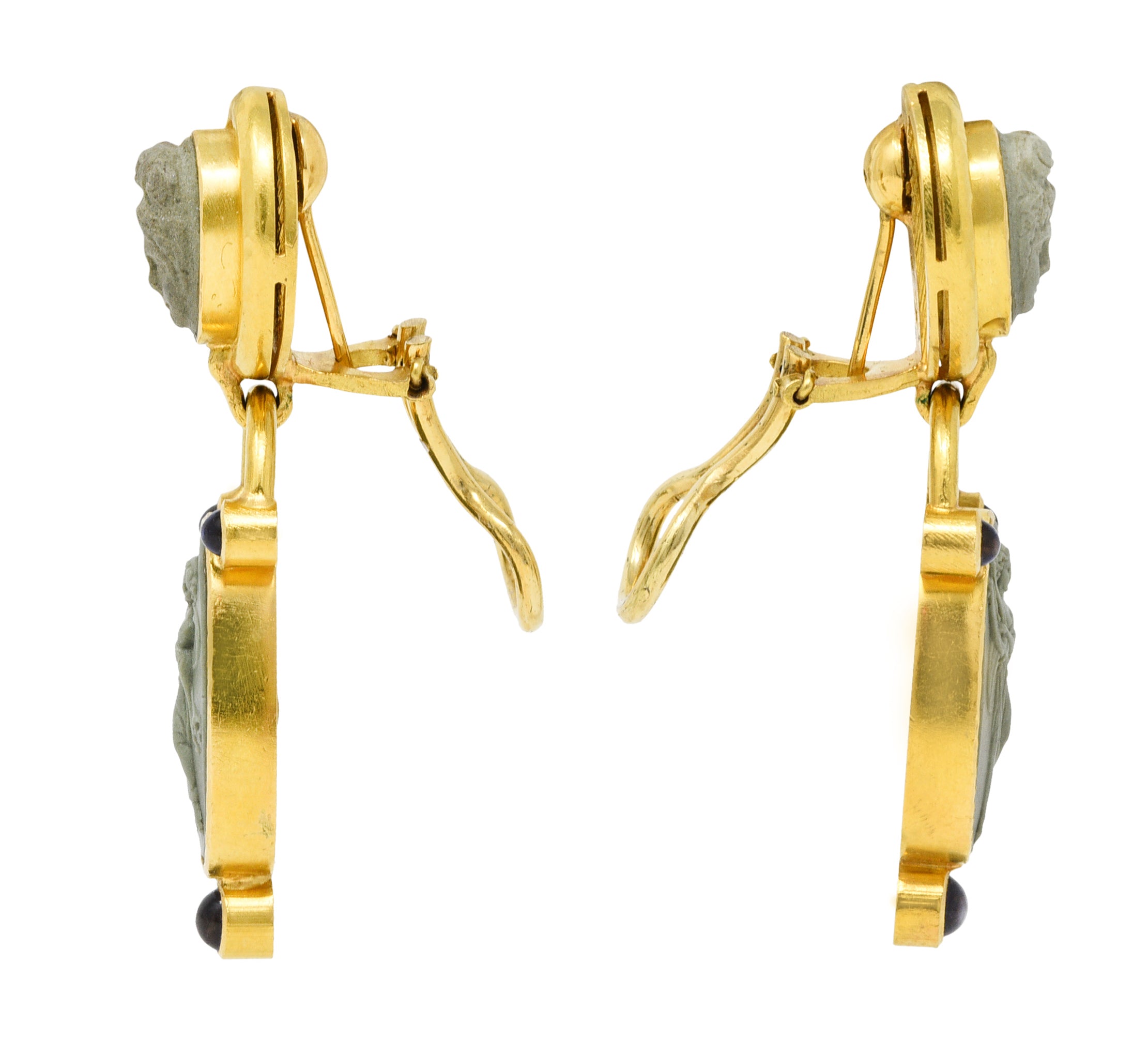 Elizabeth Locke Carved Hardstone Iolite 18 Karat Gold Cameo Drop EarringsEarrings - Wilson's Estate Jewelry