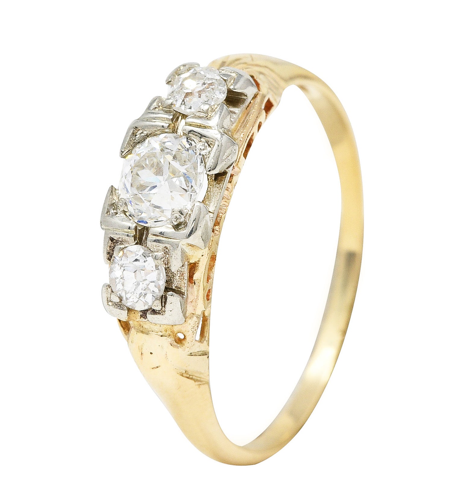 1920's Art Deco 0.60 CTW Diamond 14 Karat Two-Tone Three Stone Ring Wilson's Estate Jewelry