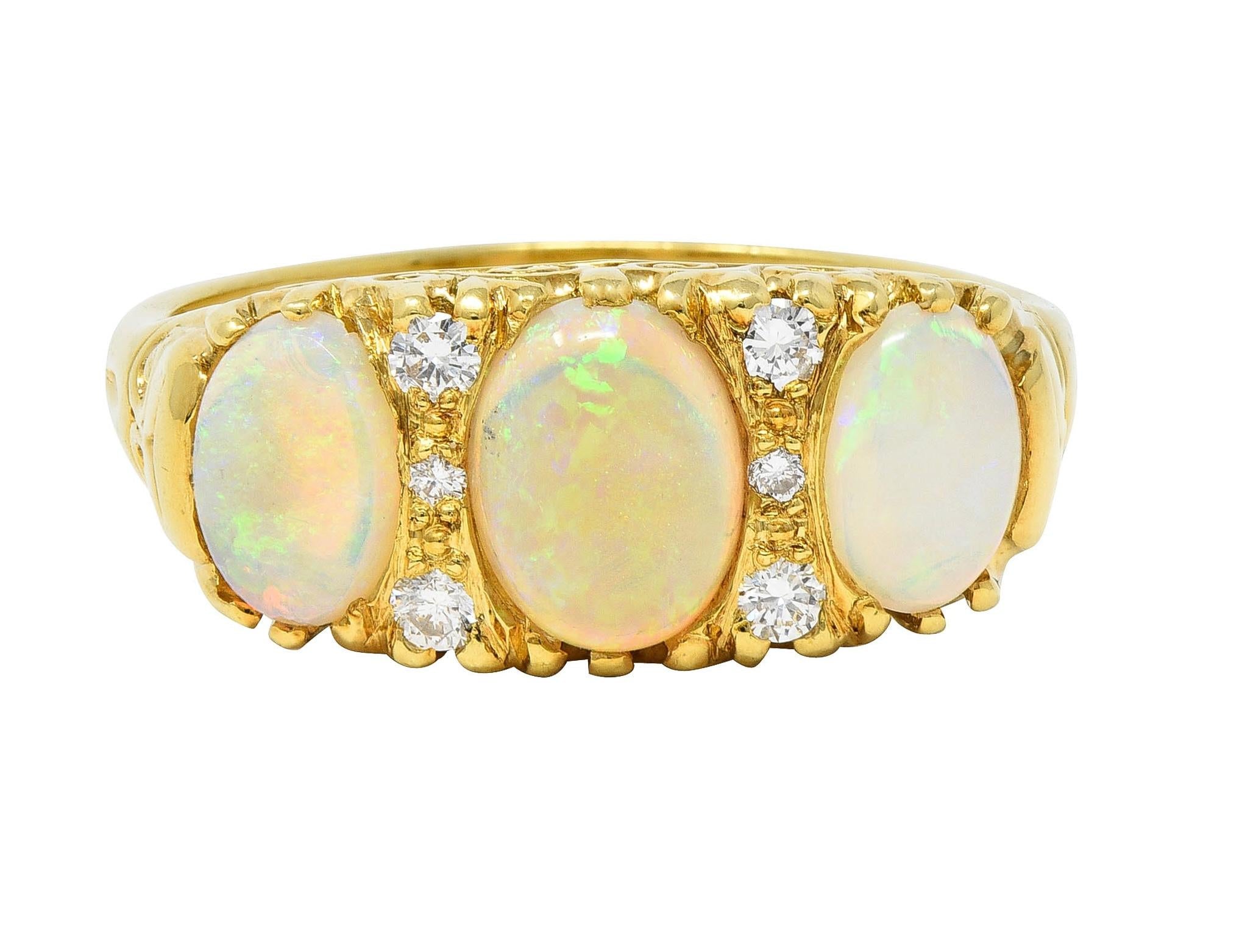 Vintage 1998 Opal Diamond 18 Karat Gold Scrolling Three Stone Ring