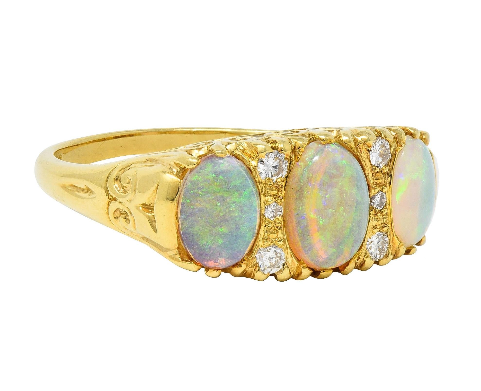 Vintage 1998 Opal Diamond 18 Karat Gold Scrolling Three Stone Ring