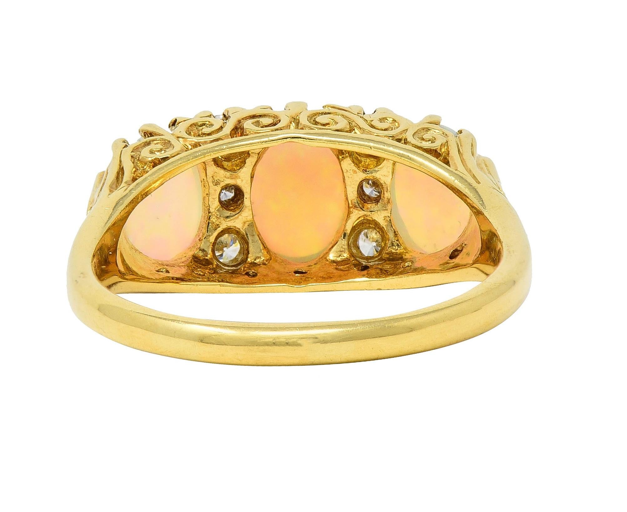 Vintage 1998 Opal Diamond 18 Karat Gold Scrolling Three Stone Ring