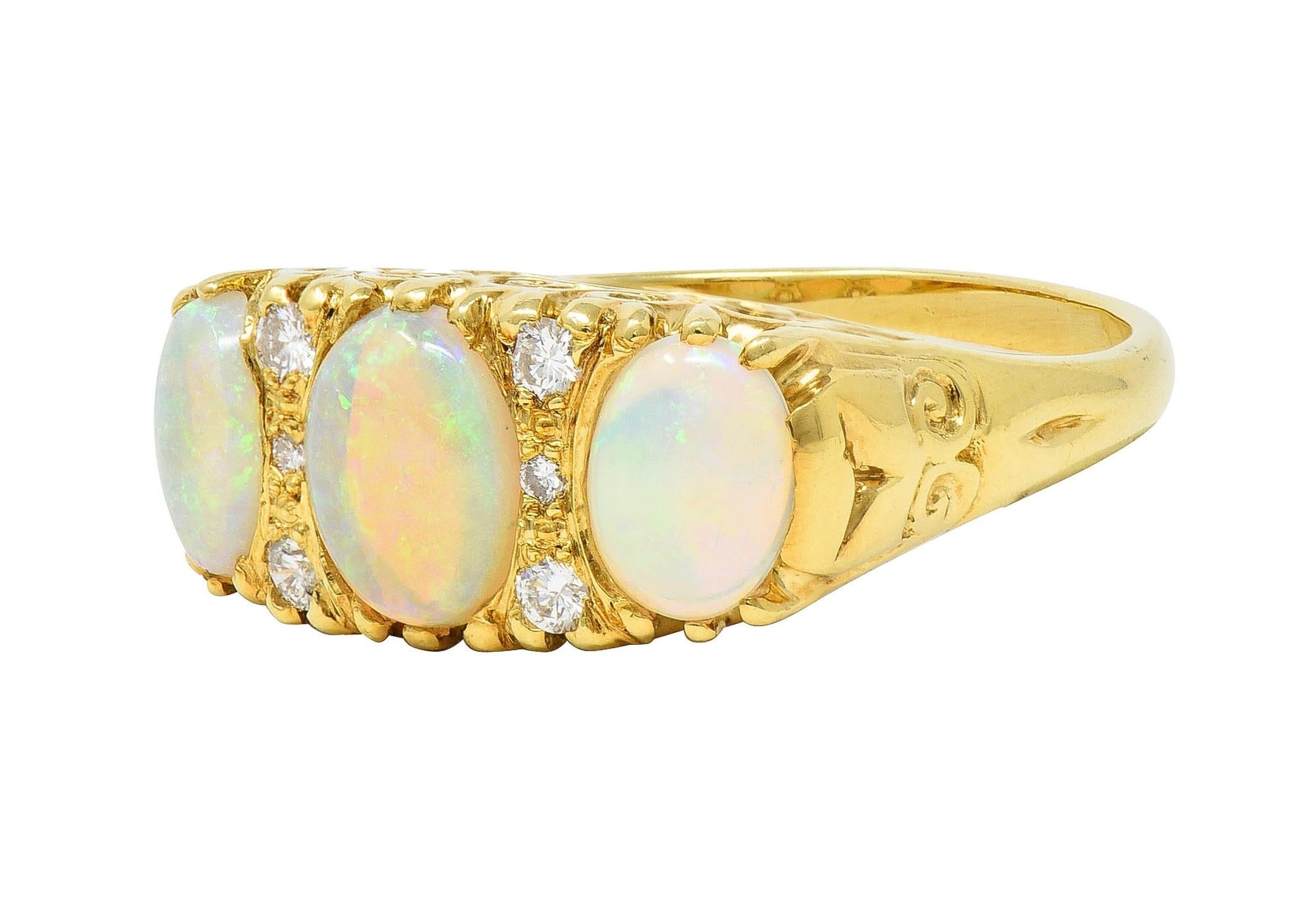 Vintage 1998 Opal Diamond 18 Karat Gold Scrolling Three Stone Ring