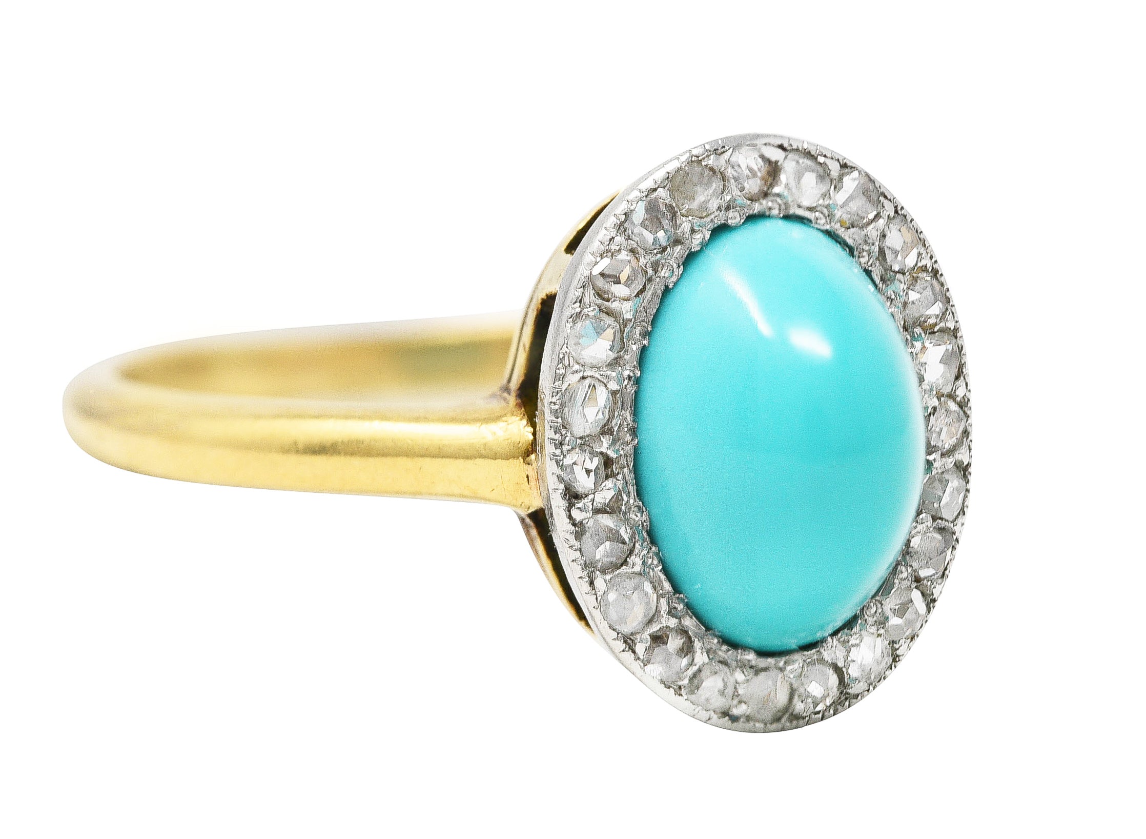 Edwardian Turquoise Cabochon Diamond Platinum-Topped 18 Karat Yellow Gold Antique Halo Ring Wilson's Estate Jewelry