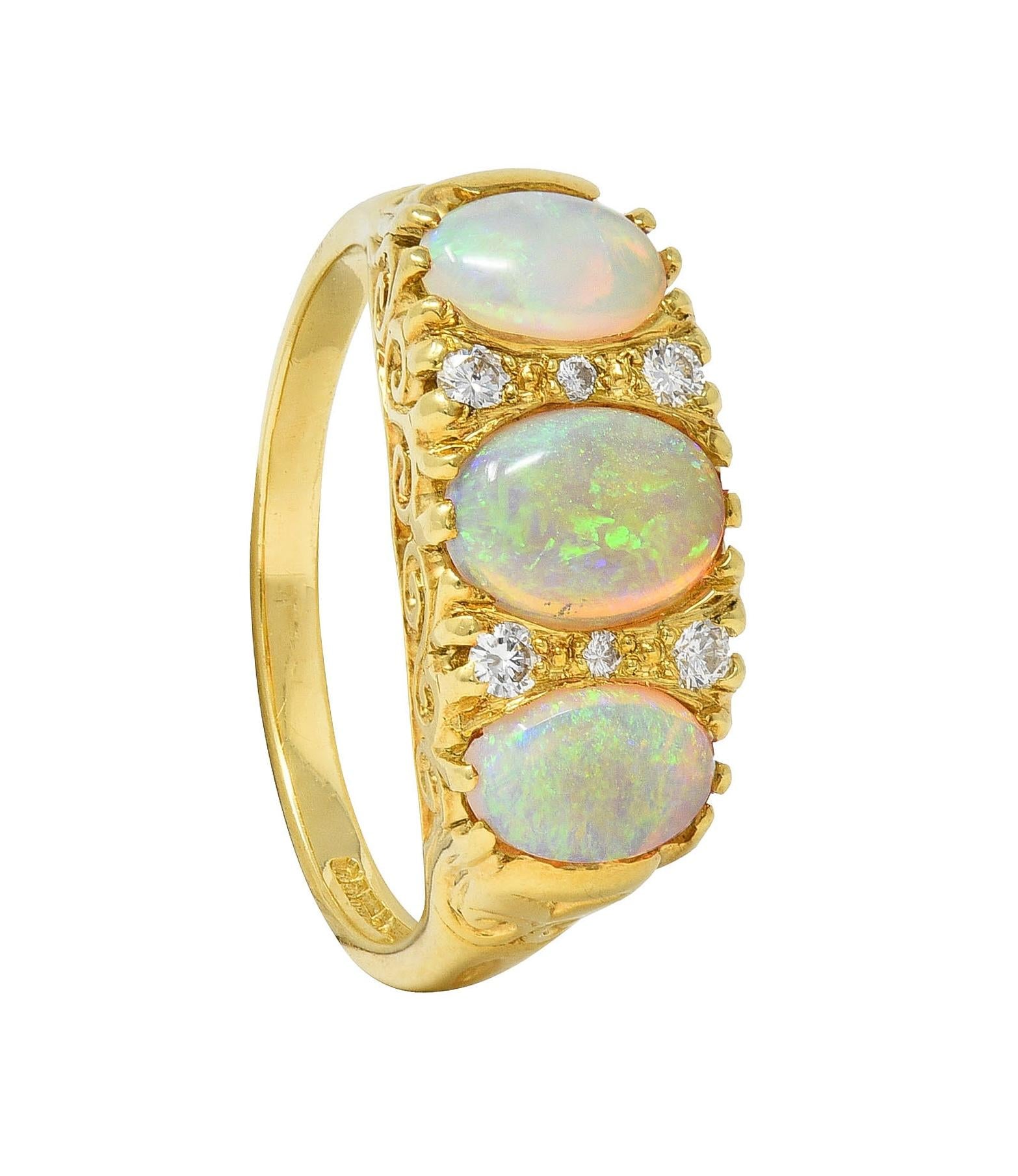 Vintage 1998 Opal Diamond 18 Karat Gold Scrolling Three Stone Ring