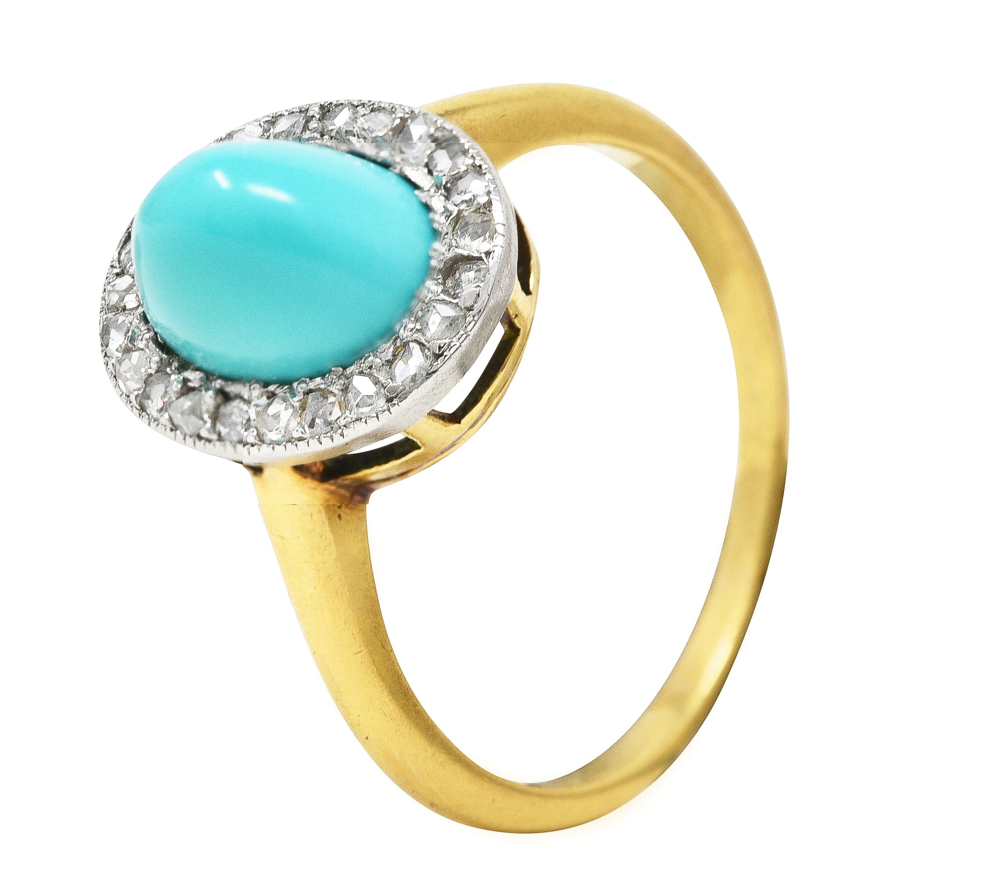 Edwardian Turquoise Cabochon Diamond Platinum-Topped 18 Karat Yellow Gold Antique Halo Ring Wilson's Estate Jewelry