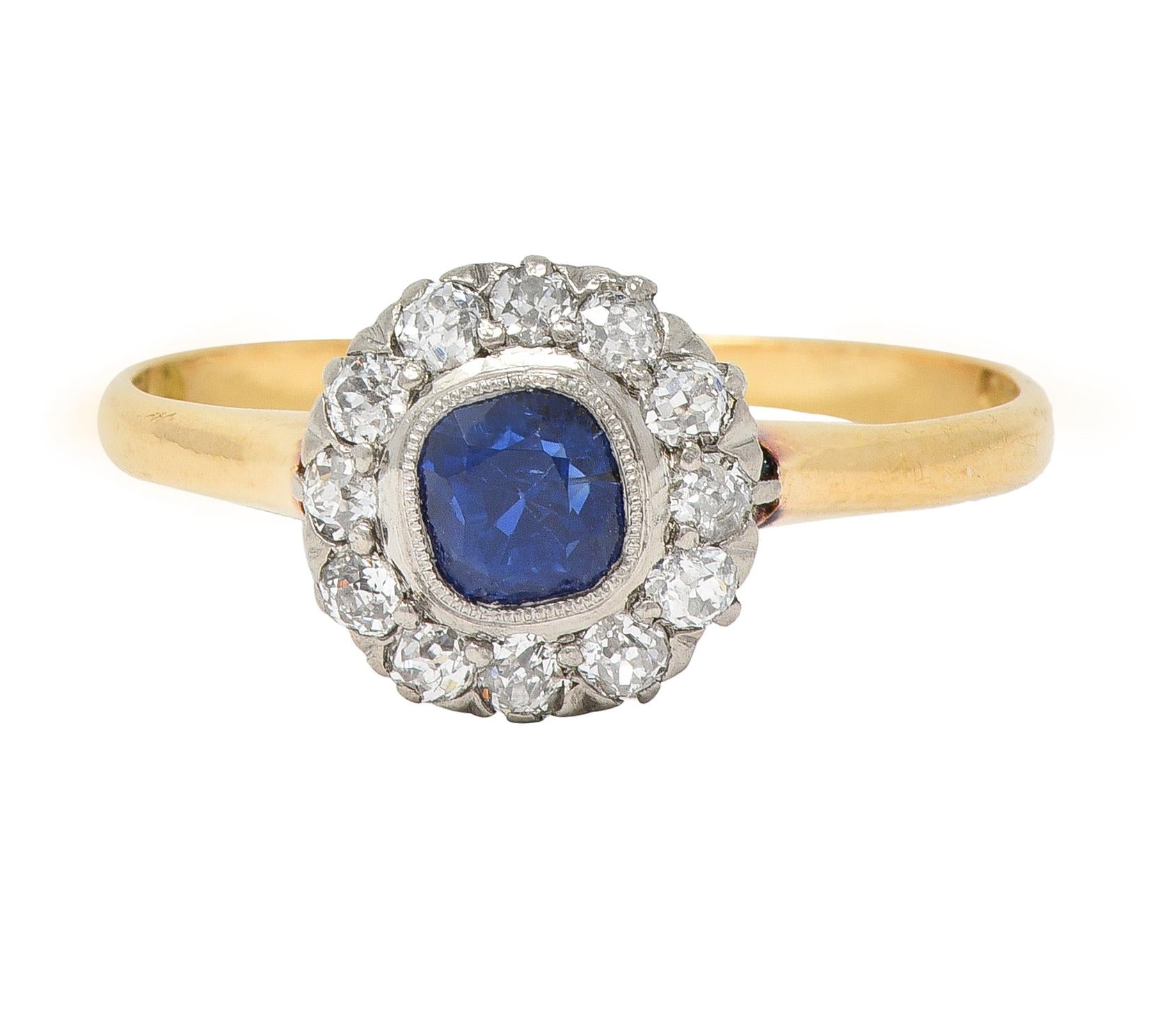 Edwardian 0.83 Sapphire Diamond 18 Karat Yellow Gold Platinum Antique Halo Ring