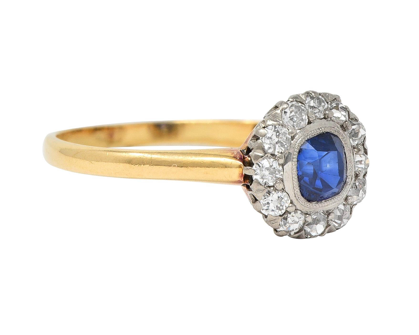 Edwardian 0.83 Sapphire Diamond 18 Karat Yellow Gold Platinum Antique Halo Ring