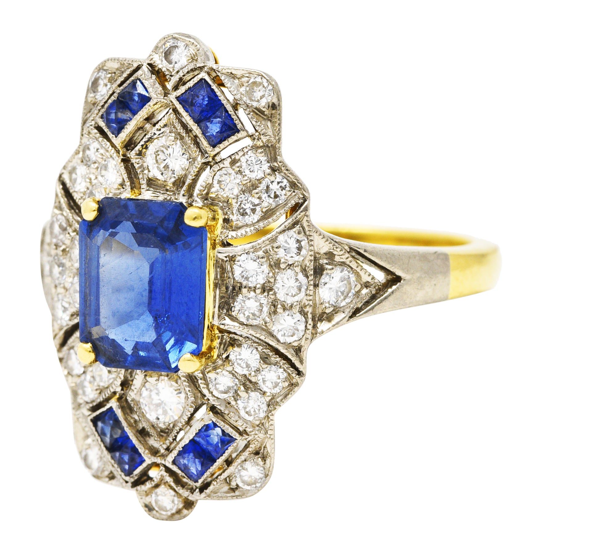 Vintage 2.75 CTW Sapphire Diamond 18 Karat Two-Tone Gold Dinner Ring Wilson's Estate Jewelry