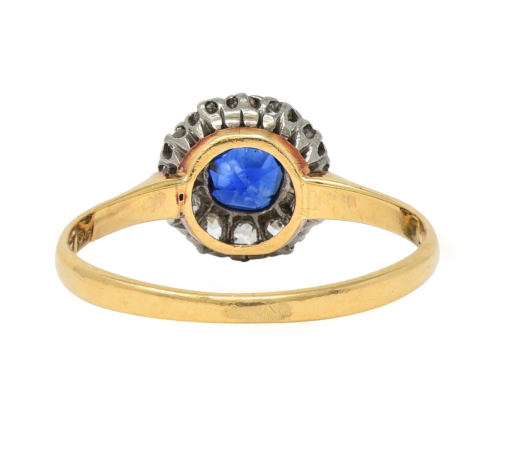 Edwardian 0.83 Sapphire Diamond 18 Karat Yellow Gold Platinum Antique Halo Ring