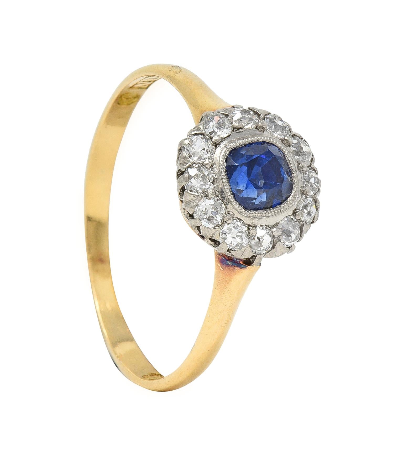 Edwardian 0.83 Sapphire Diamond 18 Karat Yellow Gold Platinum Antique Halo Ring