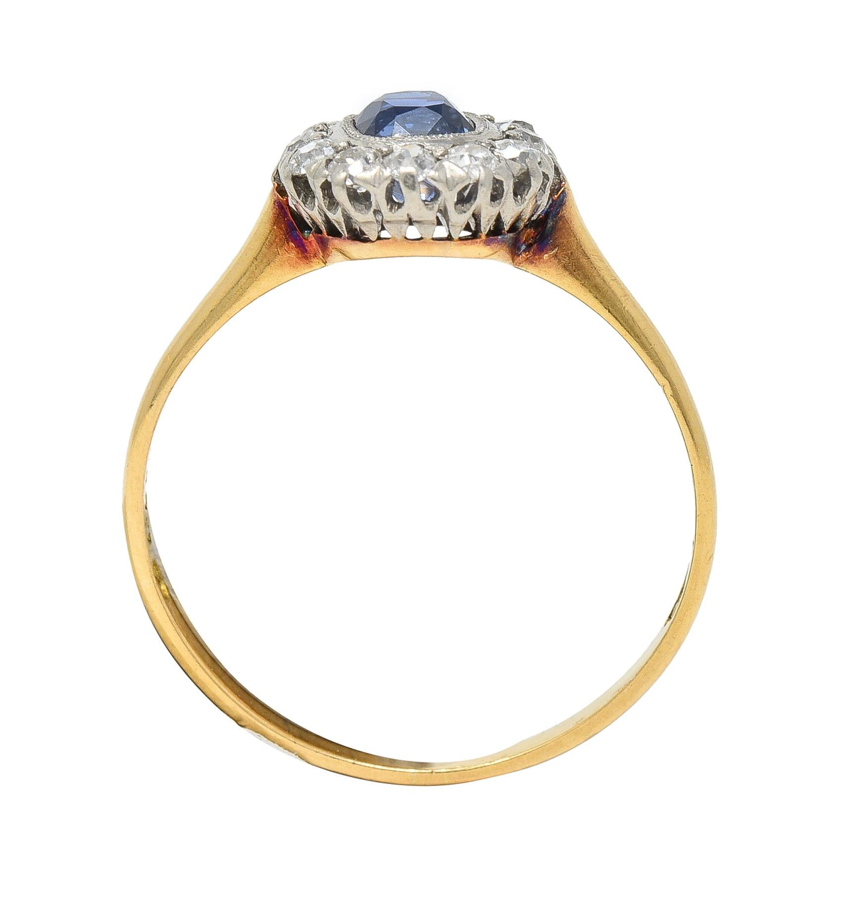 Edwardian 0.83 Sapphire Diamond 18 Karat Yellow Gold Platinum Antique Halo Ring