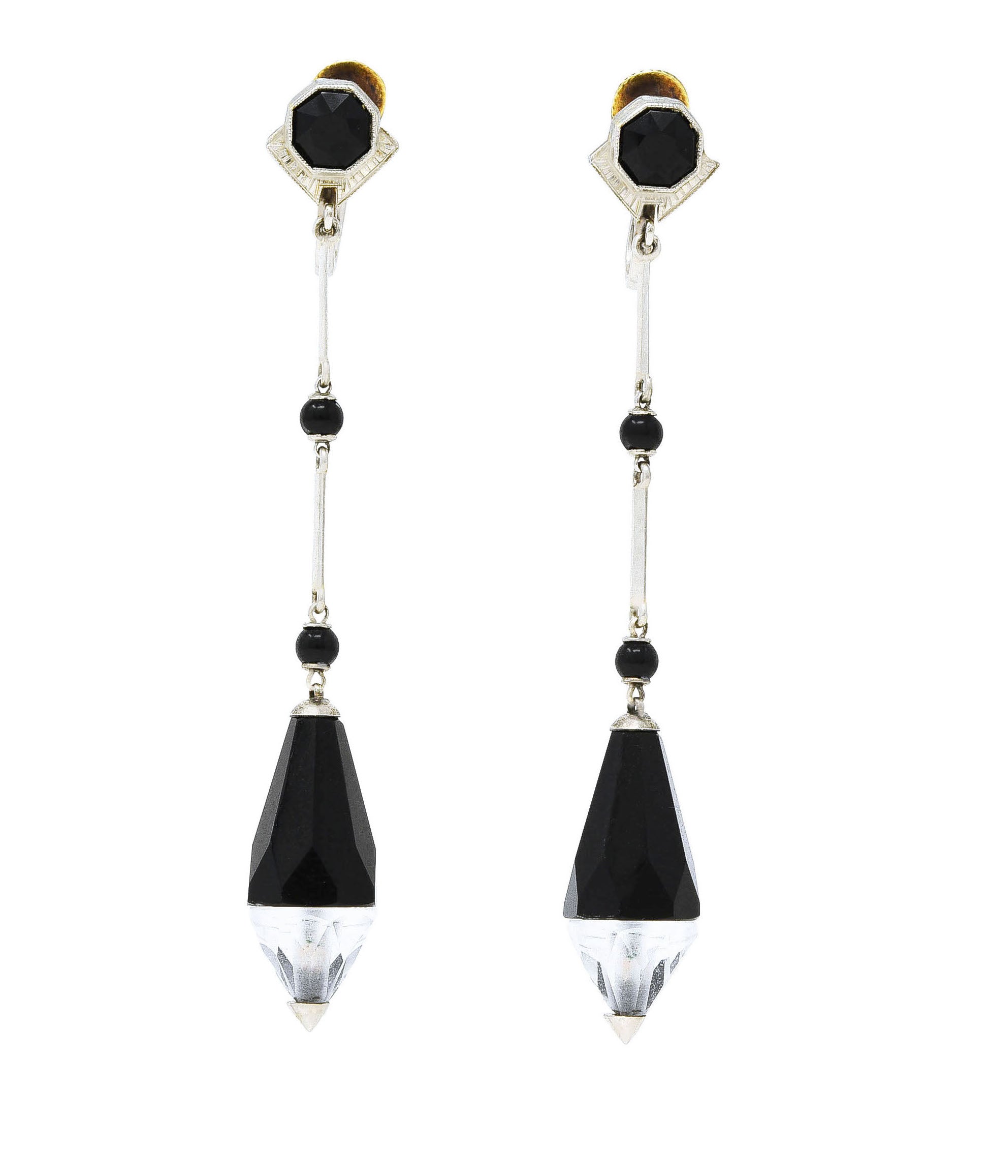 Day Clark & Co. Art Deco Onyx Rock Crystal Quartz 18 Karat White Gold Screwback Drop Earrings Wilson's Estate Jewelry