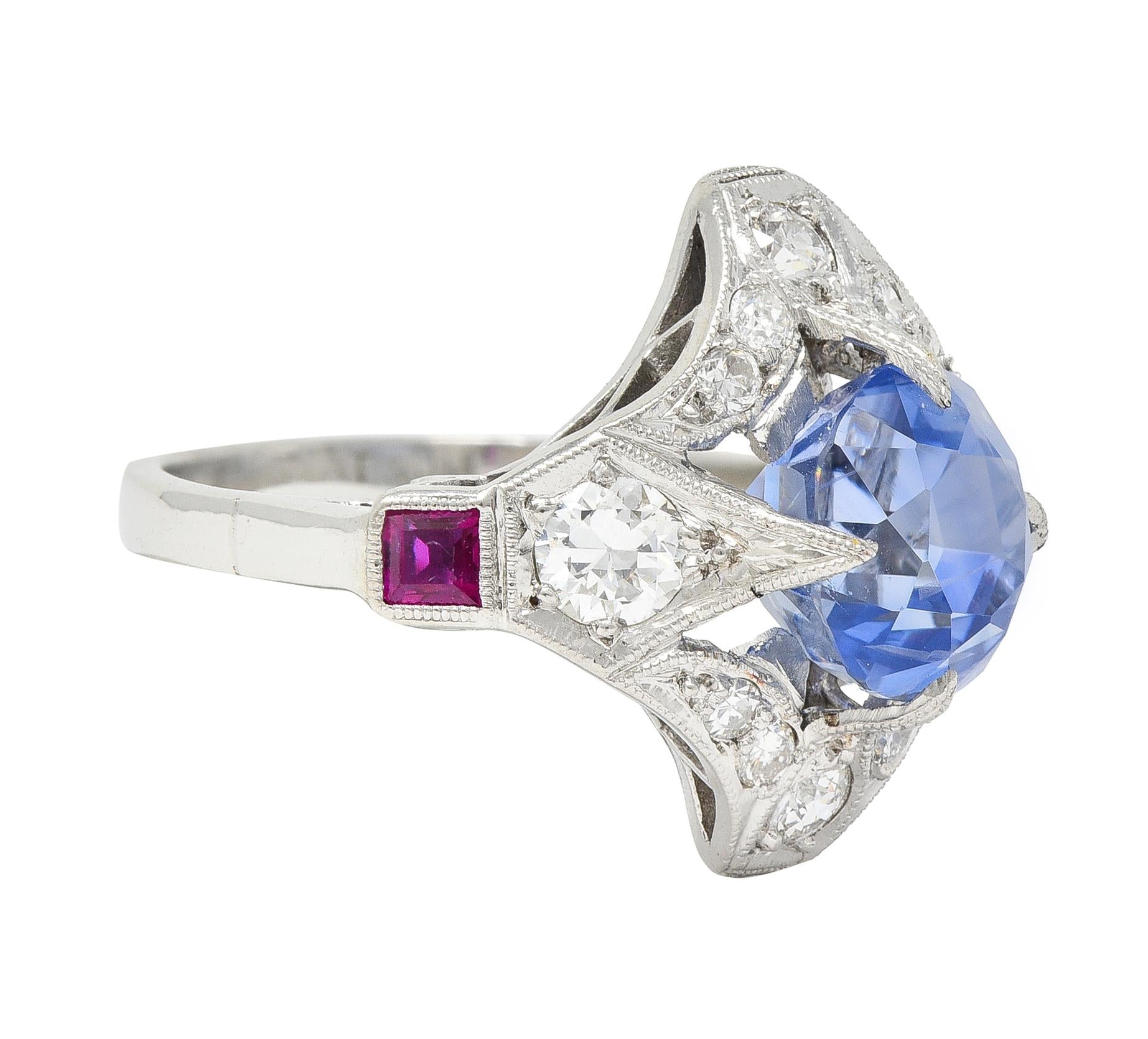 Art Deco 7.92 CTW No Heat Ceylon Sapphire Diamond Ruby Platinum Ring GIA