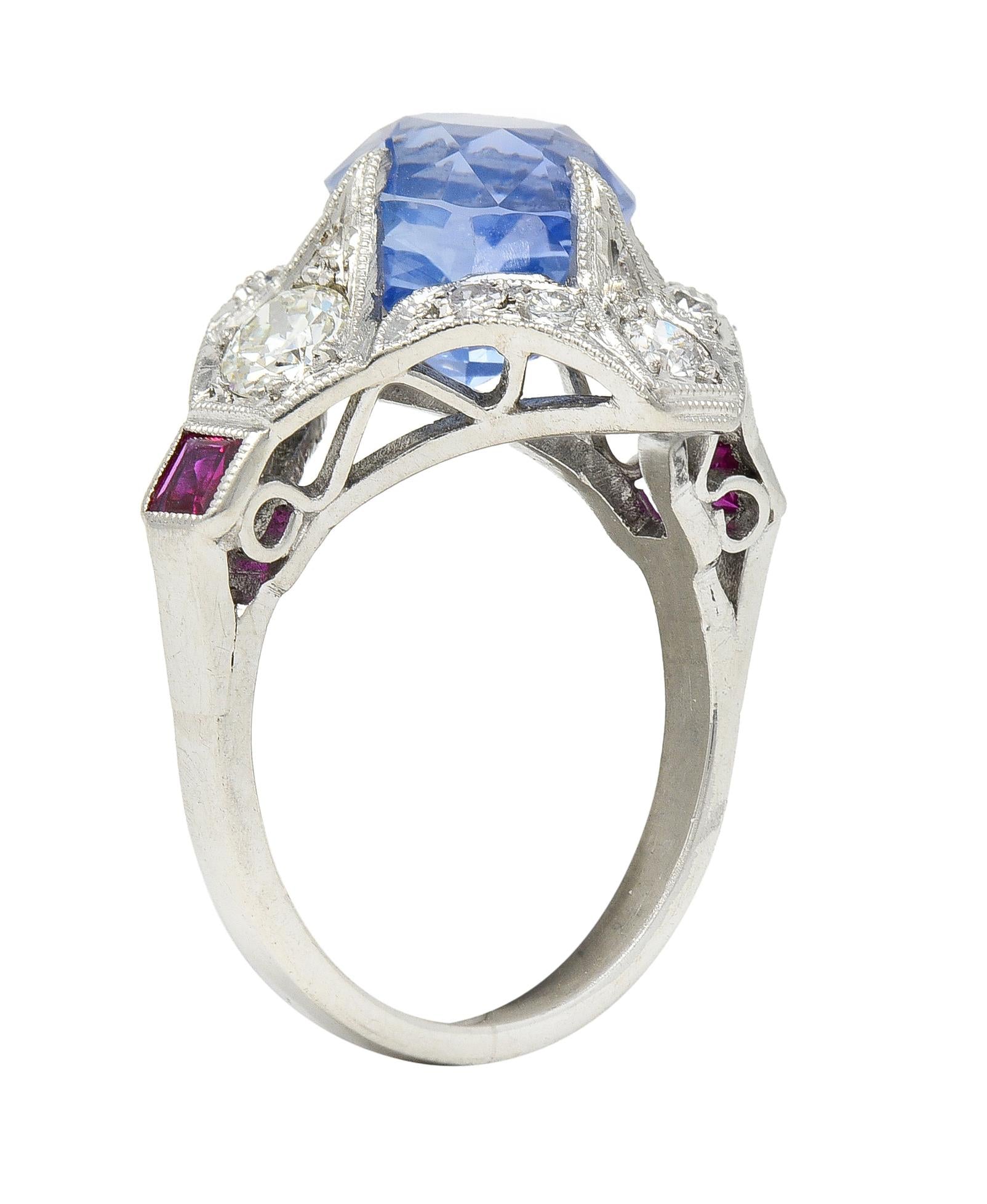 Art Deco 7.92 CTW No Heat Ceylon Sapphire Diamond Ruby Platinum Ring GIA