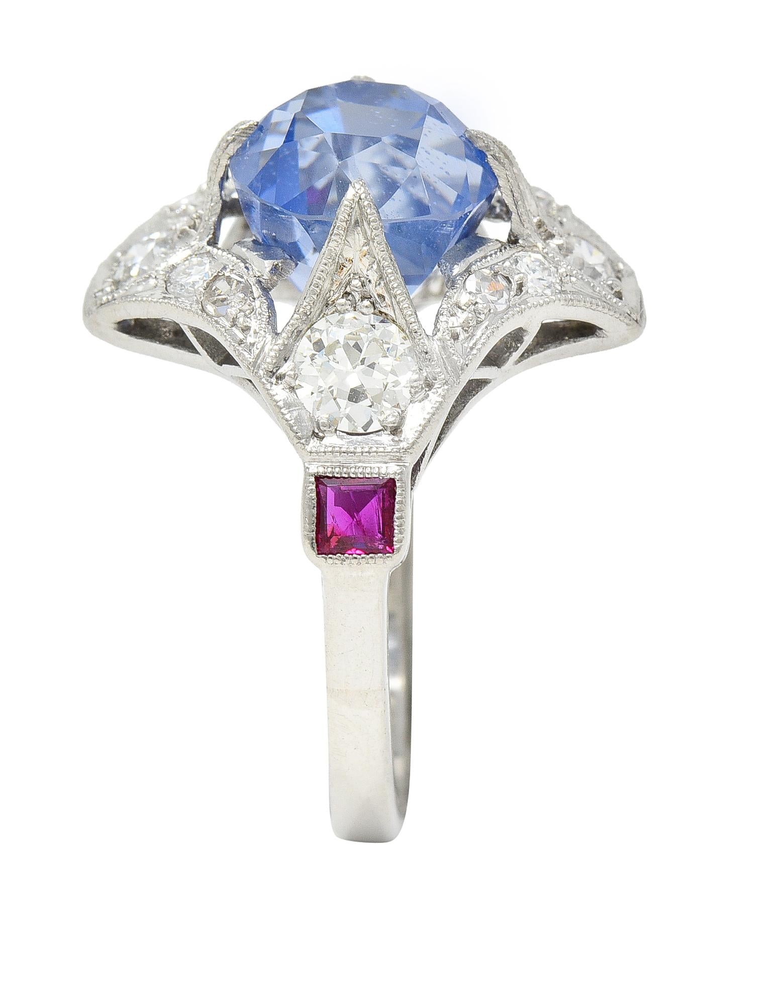 Art Deco 7.92 CTW No Heat Ceylon Sapphire Diamond Ruby Platinum Ring GIA