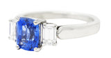 1980's 3.00 CTW Cushion Cut Sapphire Baguette Cut Diamond Platinum Vintage Three Stone Ring Wilson's Estate Jewelry