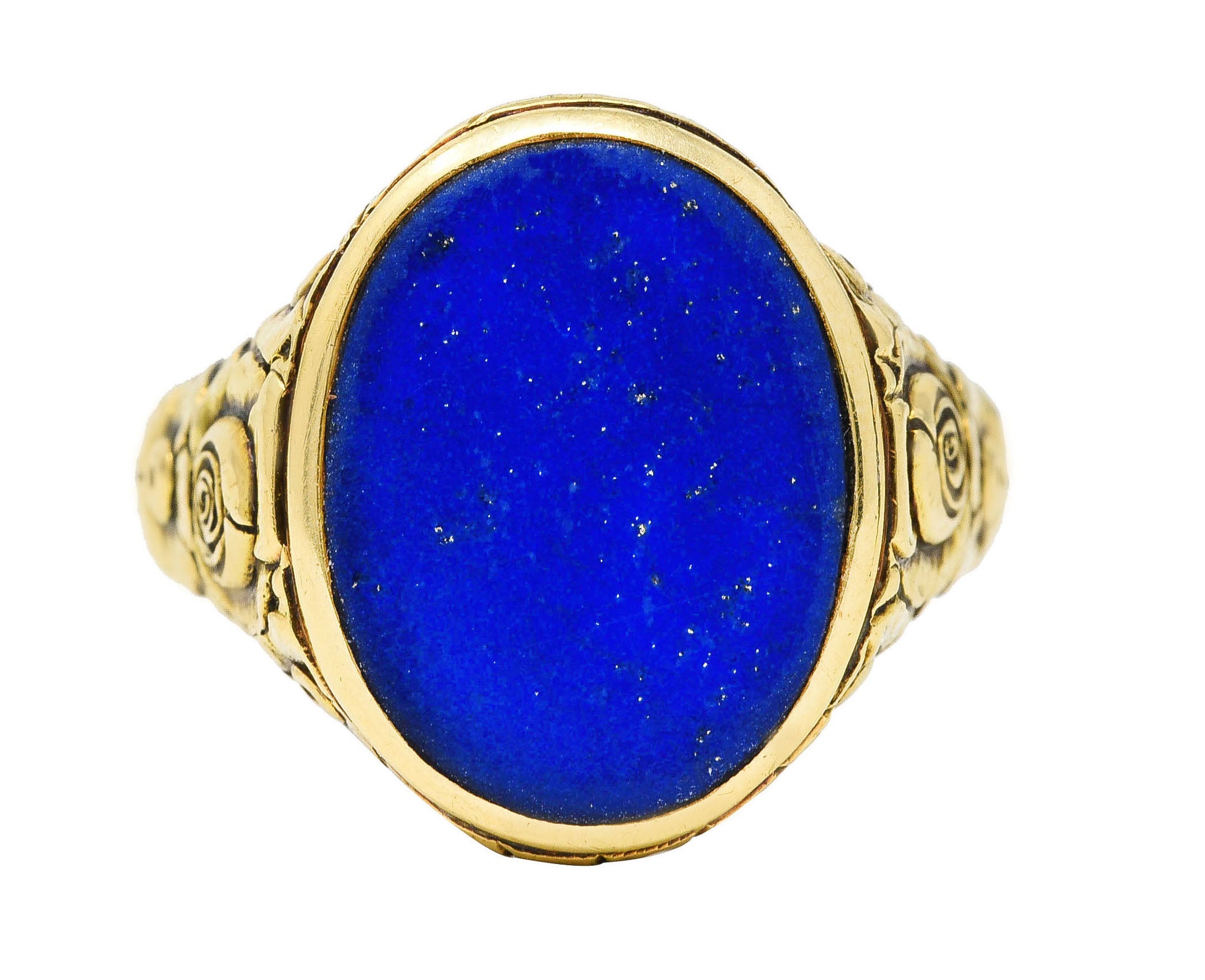 Art Nouveau Lapis Lazuli 14 Karat Yellow Gold Floral Unisex Signet Ring Wilson's Estate Jewelry