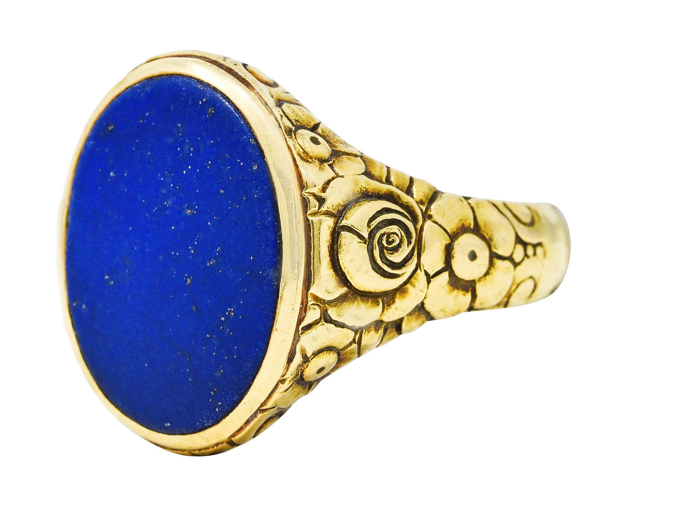 Art Nouveau Lapis Lazuli 14 Karat Yellow Gold Floral Unisex Signet Ring Wilson's Estate Jewelry