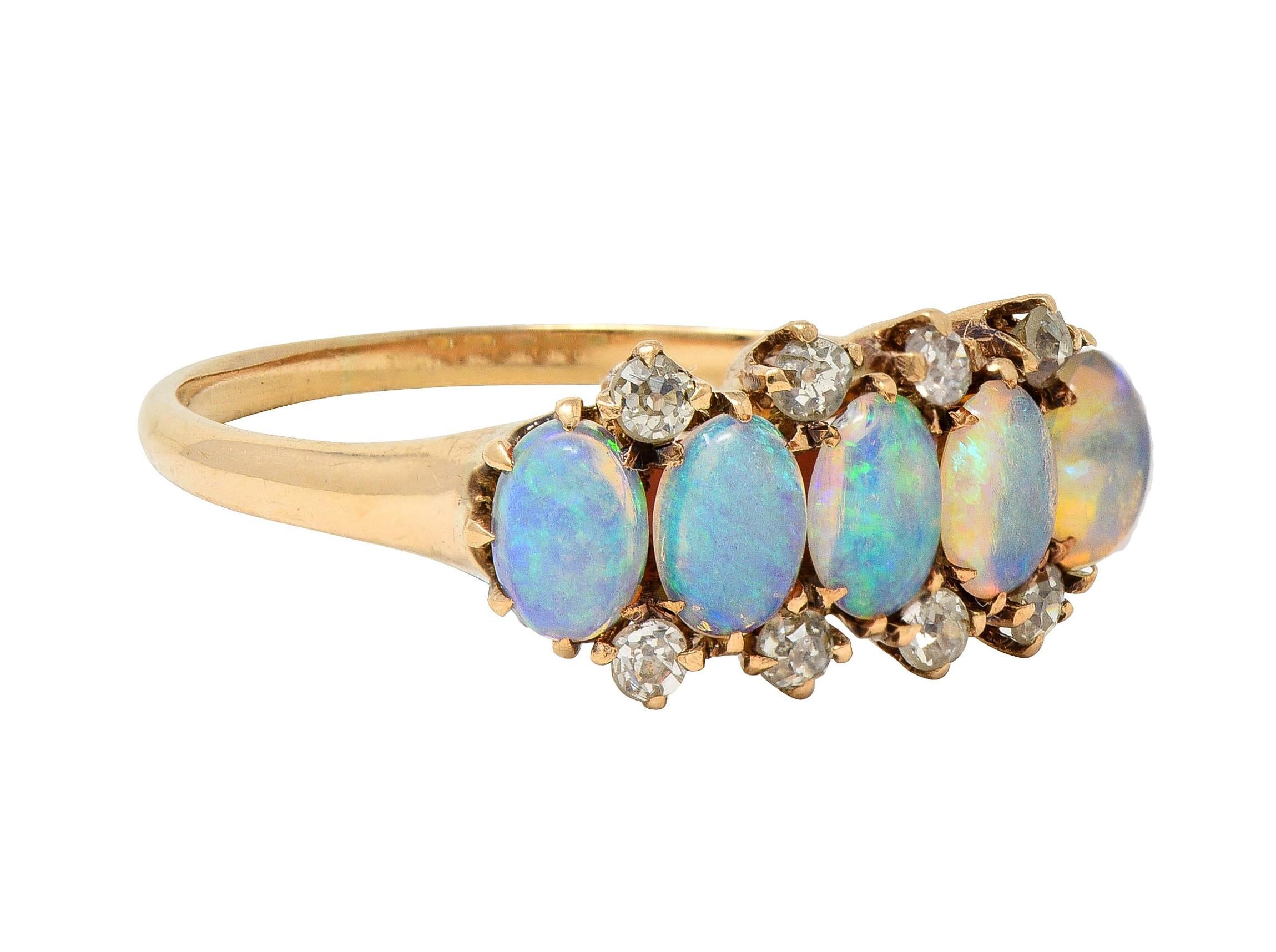 Victorian Opal Cabochon Diamond 14 Karat Yellow Gold Five Stone Antique Ring