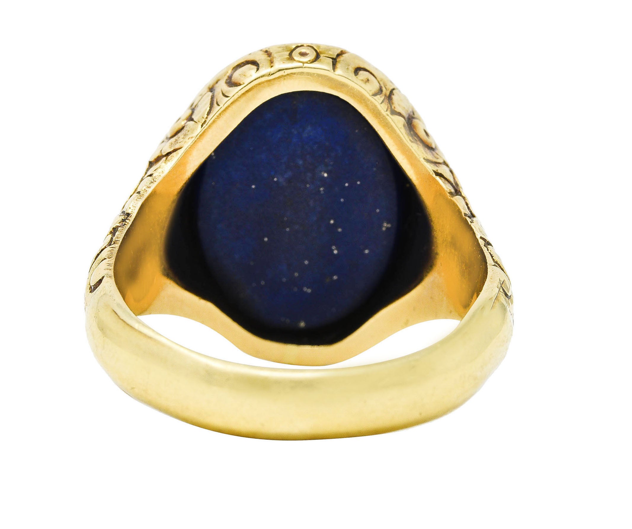 Art Nouveau Lapis Lazuli 14 Karat Yellow Gold Floral Unisex Signet Ring Wilson's Estate Jewelry