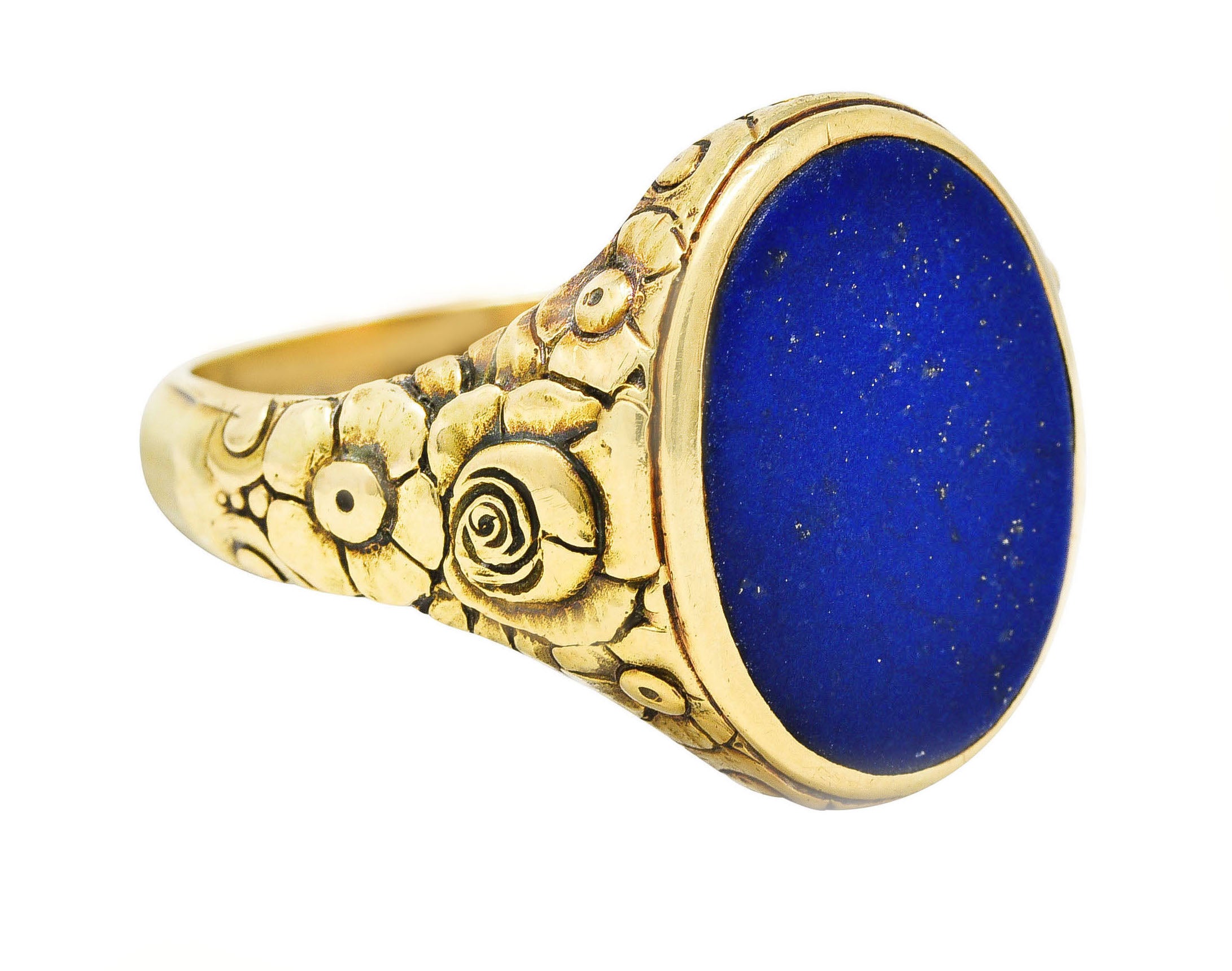 Art Nouveau Lapis Lazuli 14 Karat Yellow Gold Floral Unisex Signet Ring Wilson's Estate Jewelry