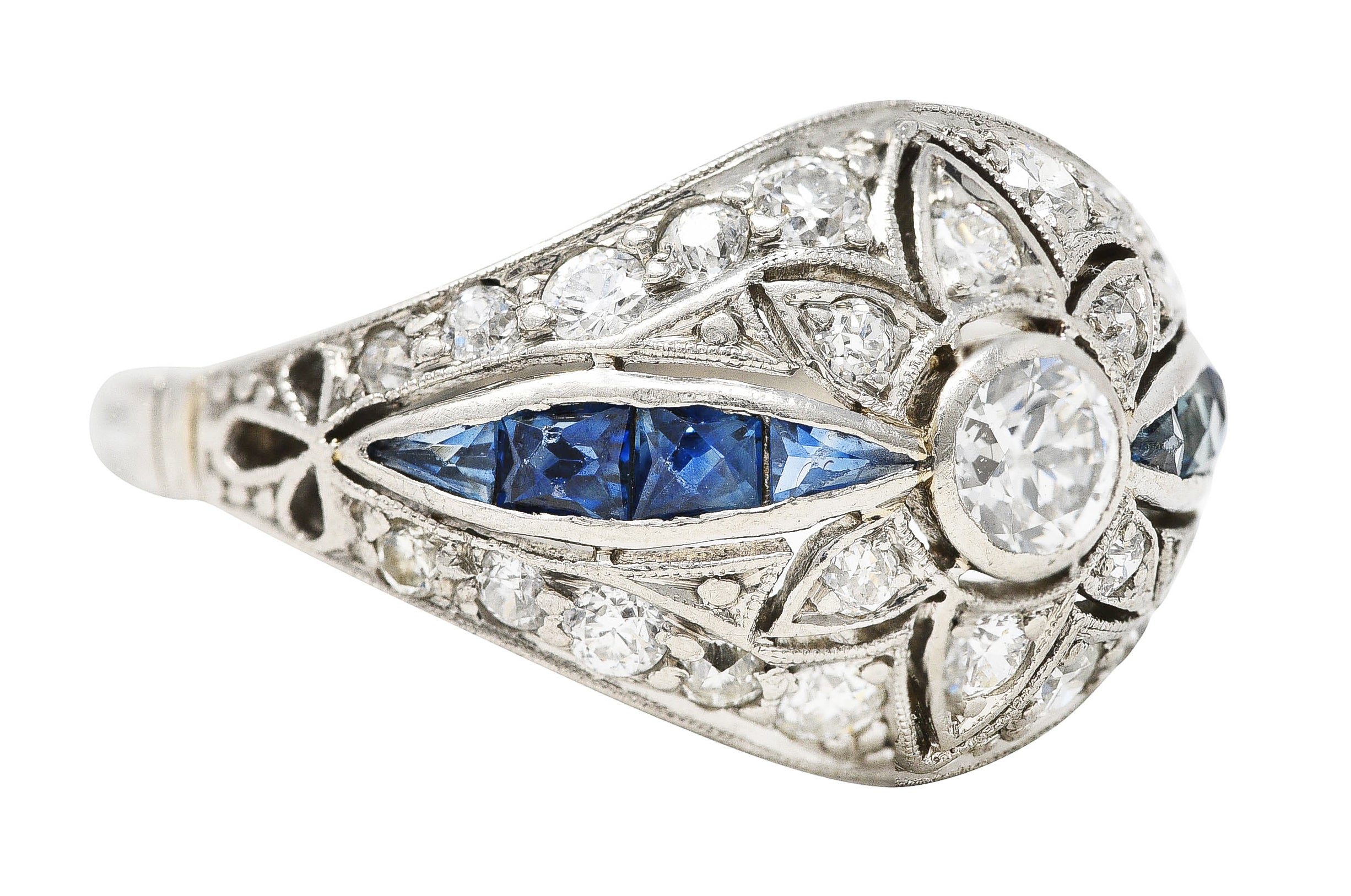 Art Deco 1.08 CTW Old European Cut Diamond Sapphire Floral Bombay Vintage Band Ring Wilson's Estate Jewelry