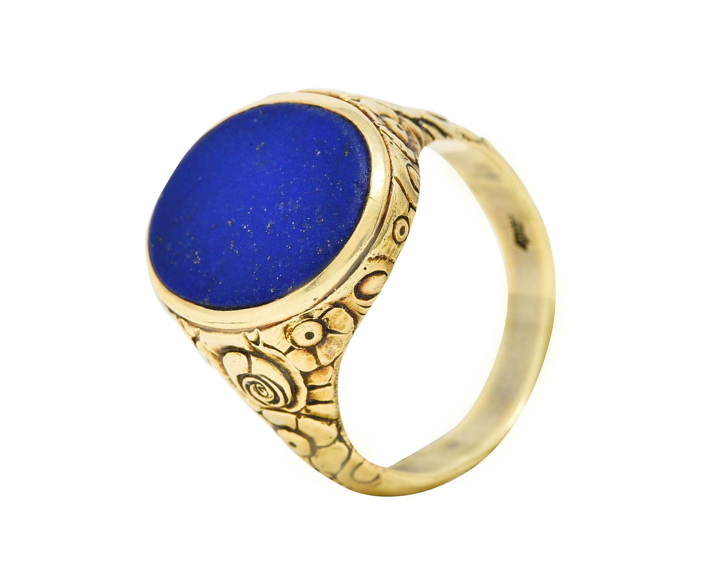 Art Nouveau Lapis Lazuli 14 Karat Yellow Gold Floral Unisex Signet Ring Wilson's Estate Jewelry