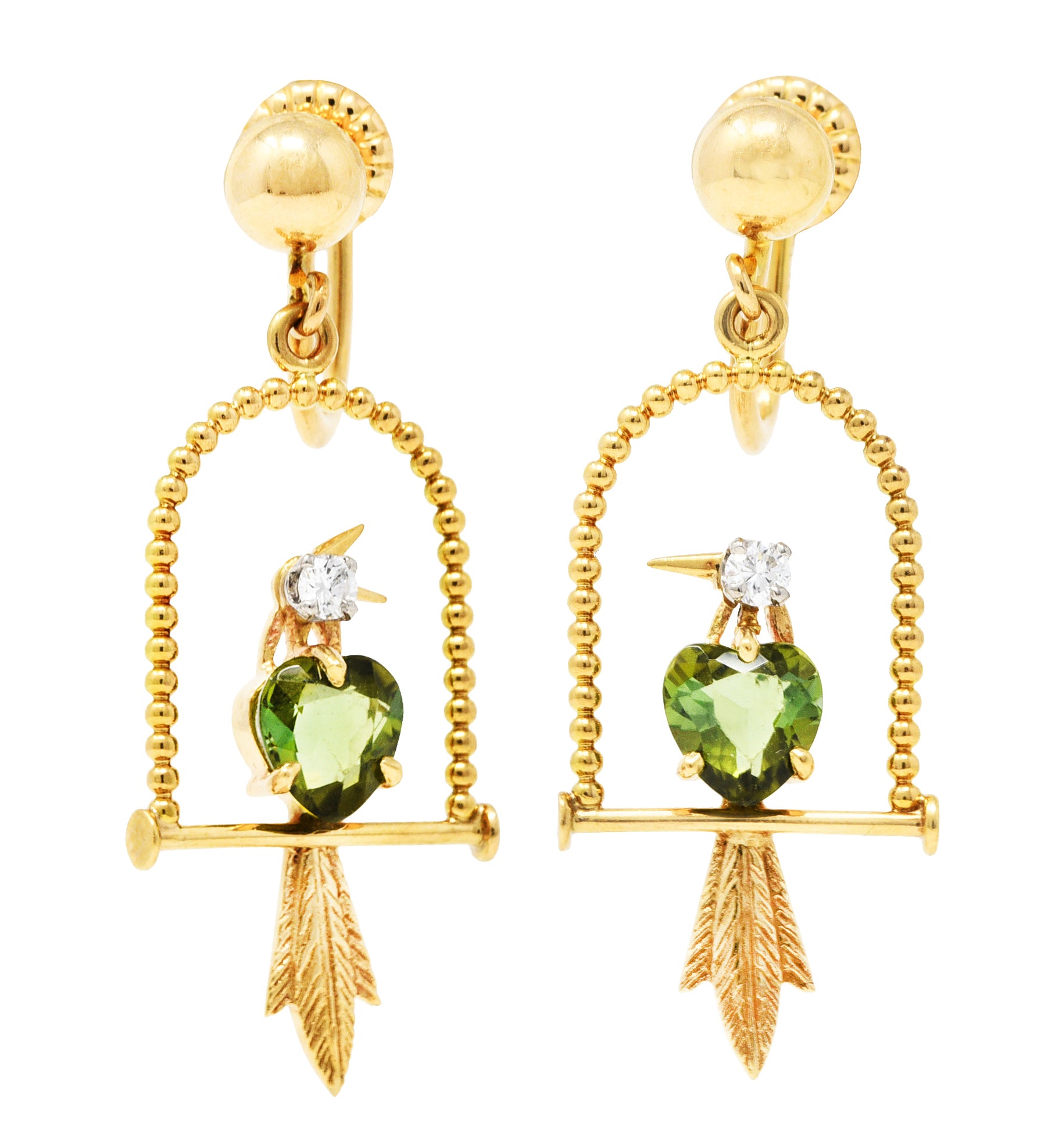 Vintage Diamond Tourmaline 14 Karat Yellow Gold Caged Bird Screwback EarringsEarrings - Wilson's Estate Jewelry