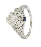 Art Deco 1.27 CTW European Diamond Sapphire 18 Karat White Gold Engagement Ring