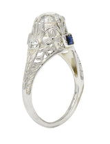 Art Deco 1.27 CTW European Diamond Sapphire 18 Karat White Gold Engagement Ring