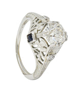 Art Deco 1.27 CTW European Diamond Sapphire 18 Karat White Gold Engagement Ring