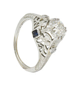 Art Deco 1.27 CTW European Diamond Sapphire 18 Karat White Gold Engagement Ring