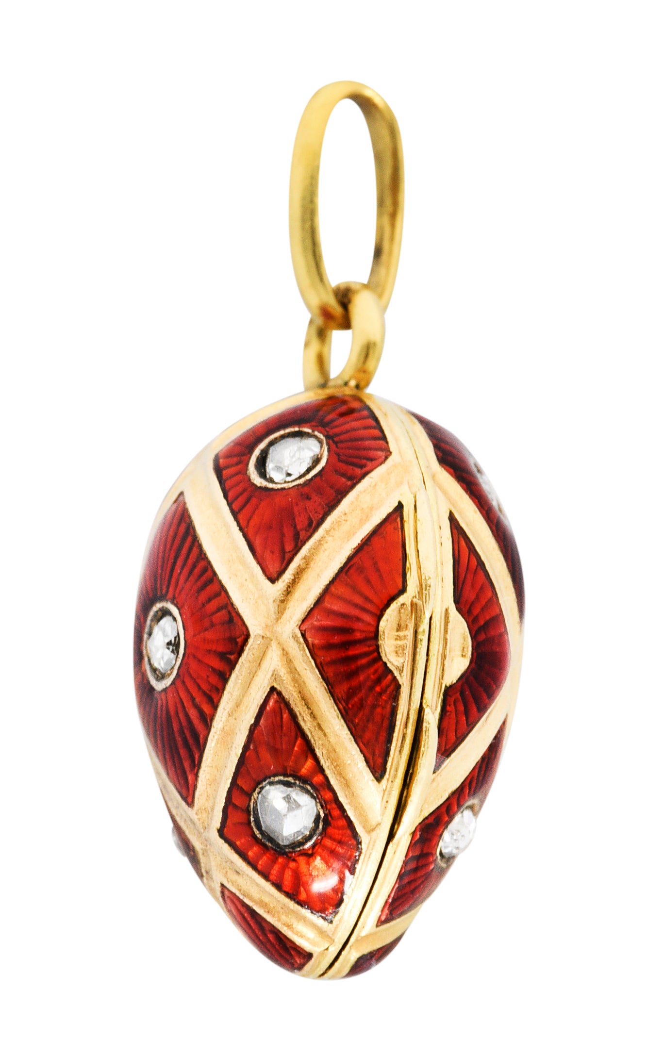 French Guilloche Enamel Rose Cut Diamond Egg Locket Charmcharm - Wilson's Estate Jewelry