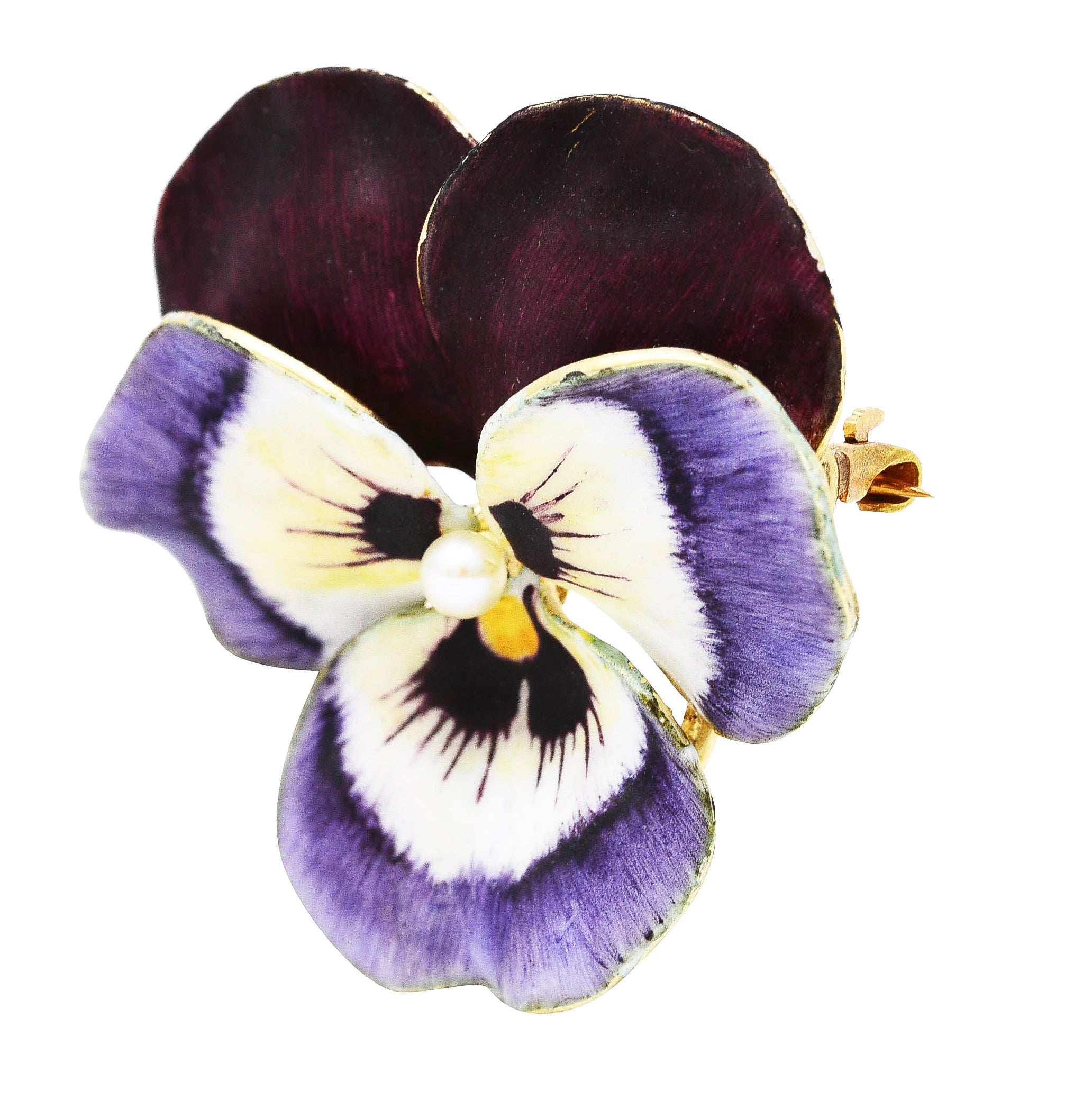 Art Nouveau Pearl Enamel 14 Karat Yellow Gold Purple Pansy Antique Brooch Wilson's Estate Jewelry