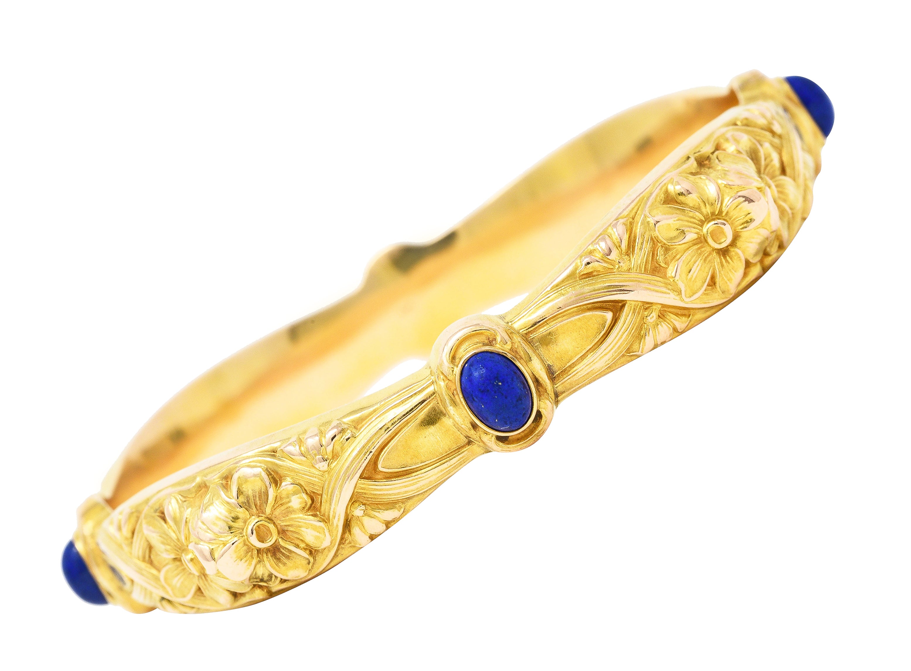 Art Nouveau Lapis Lazuli 14 Karat Yellow Gold Daisy Floral Antique Bangle Bracelet Wilson's Estate Jewelry