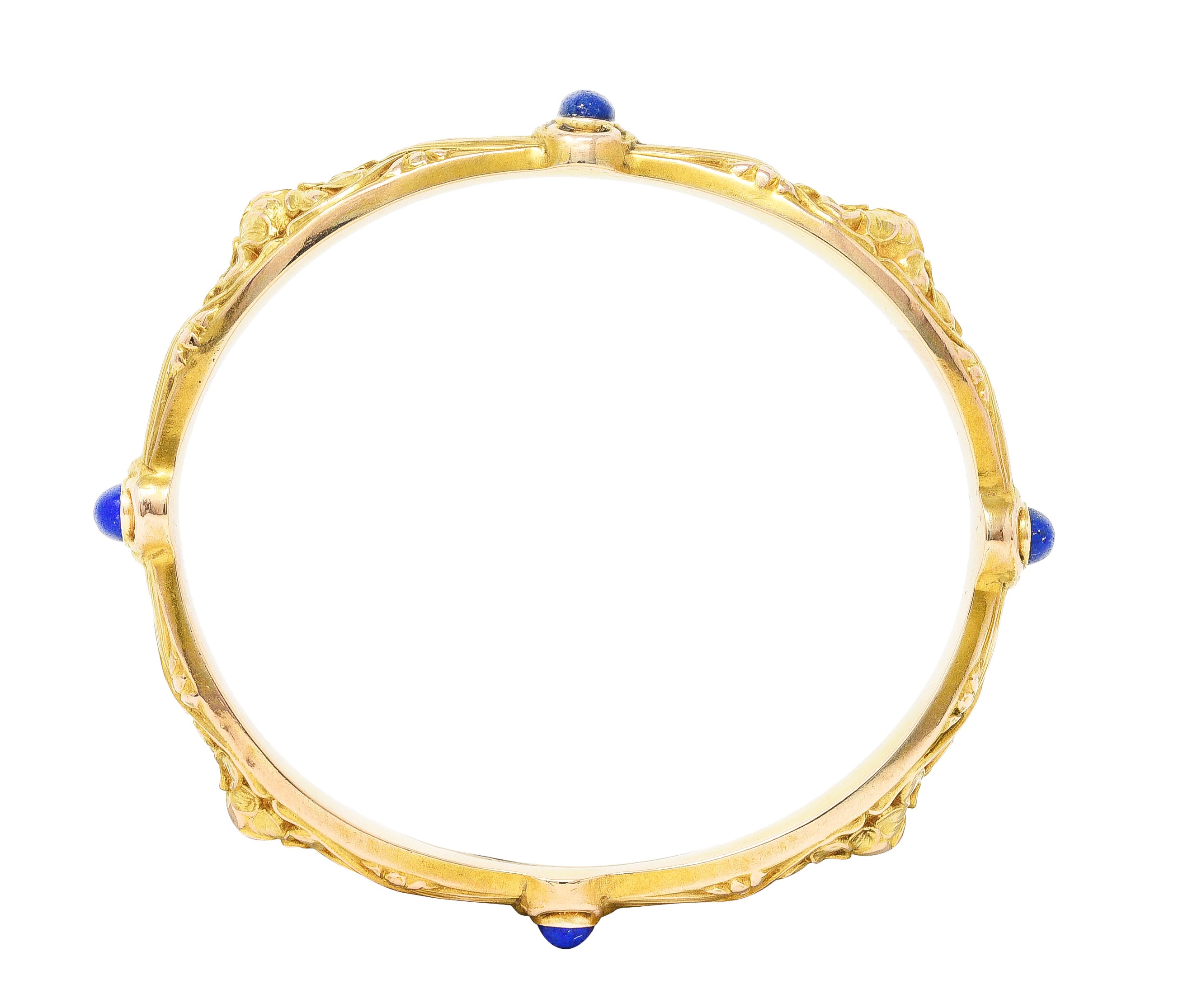 Art Nouveau Lapis Lazuli 14 Karat Yellow Gold Daisy Floral Antique Bangle Bracelet Wilson's Estate Jewelry