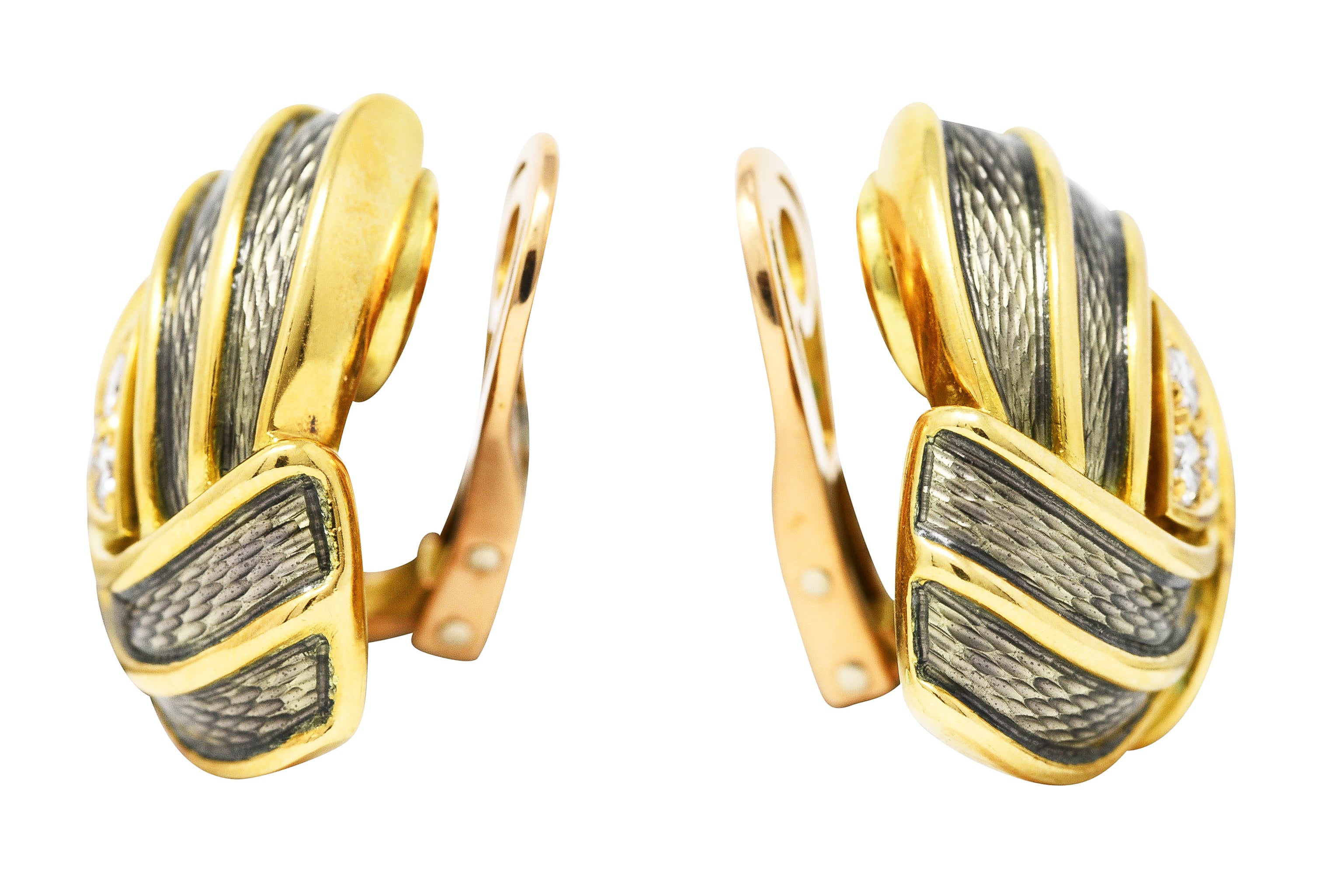 DeVroomen Diamond 18 Karat Yellow Gold Basse-Taille Enamel Soft Geometry Triangular Vintage Ear-Clip Earrings Wilson's Estate Jewelry