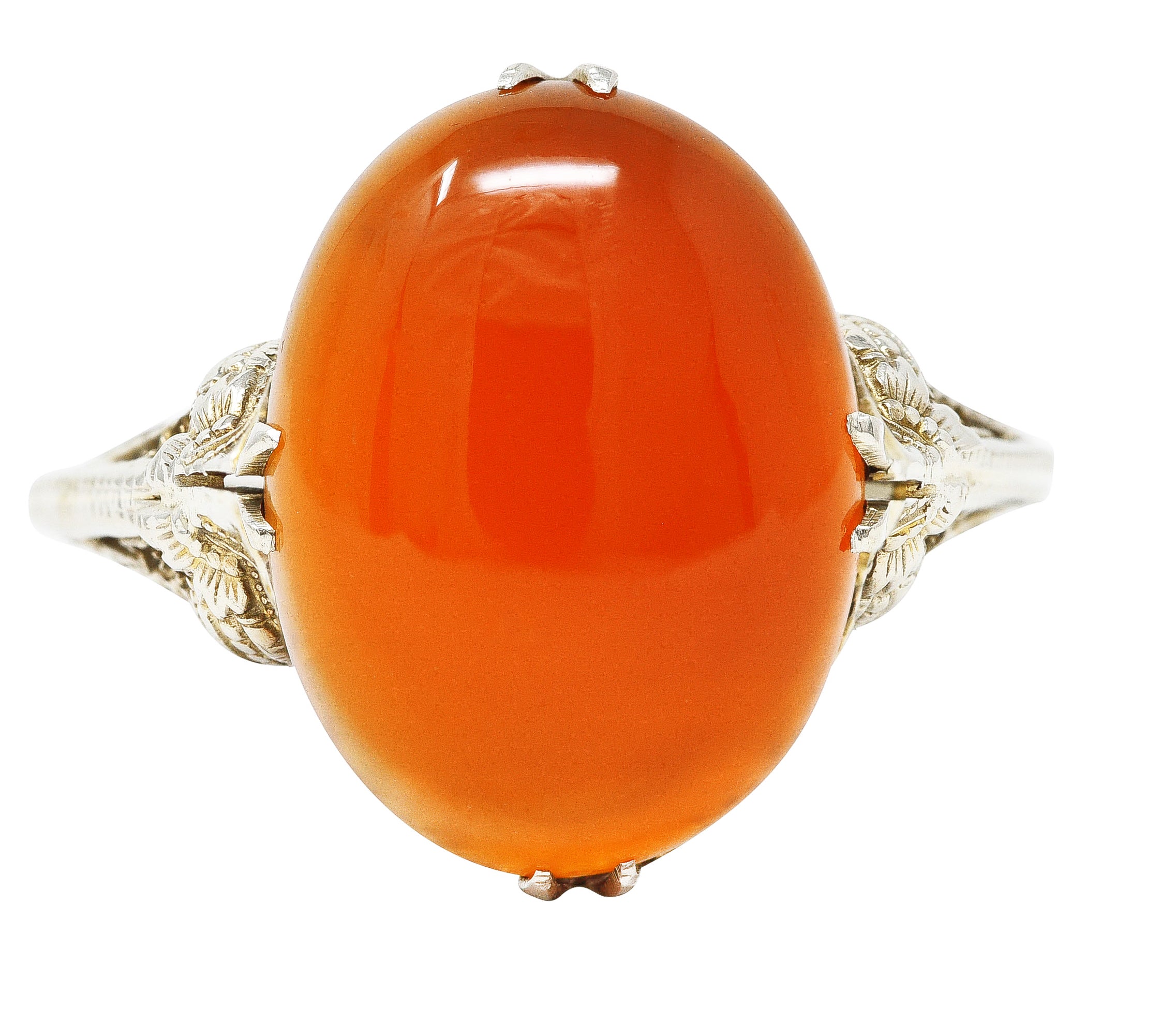 Edwardian Carnelian 18 Karat White Gold Scrolling Filigree Trellis Antique Ring Wilson's Estate Jewelry