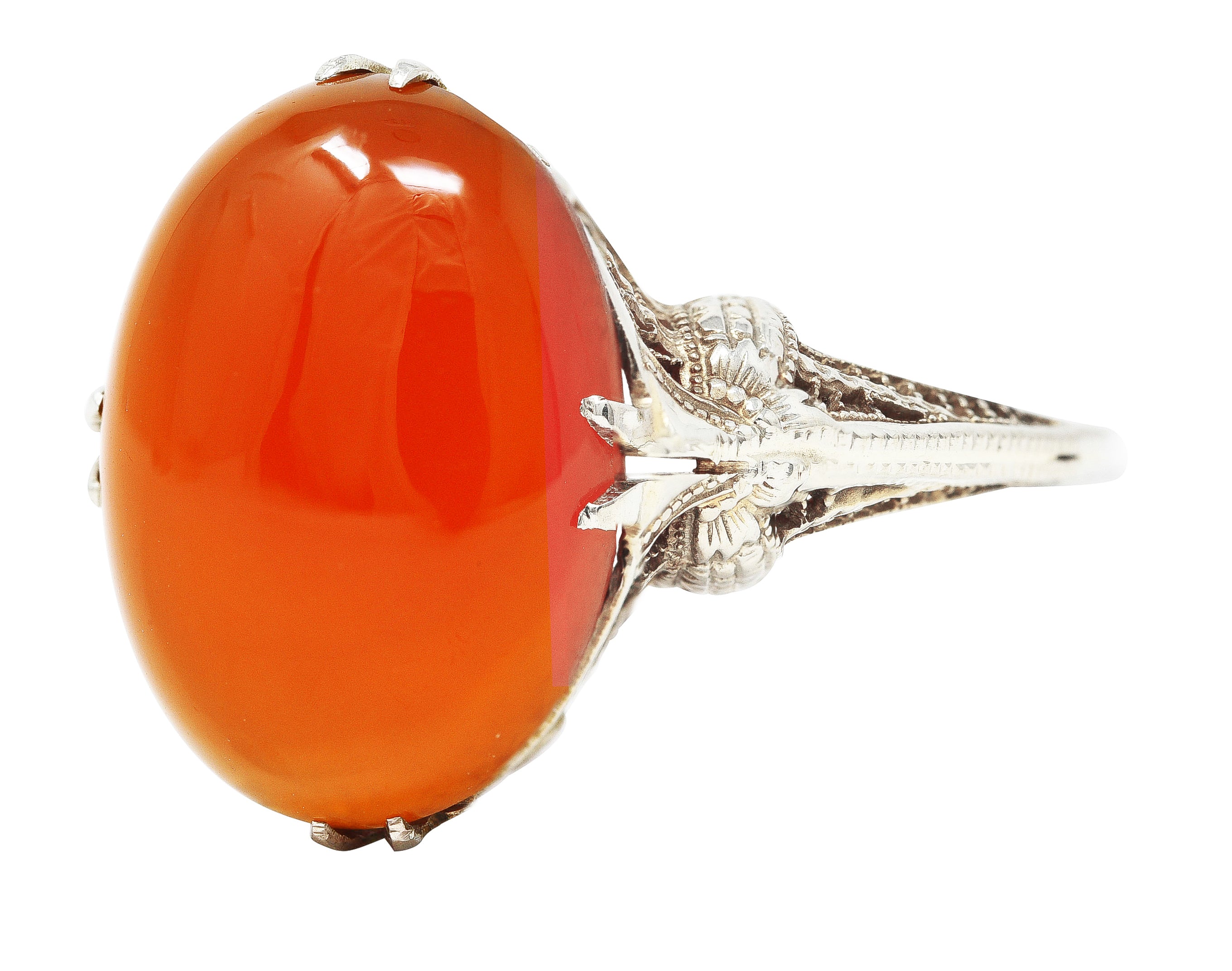 Edwardian Carnelian 18 Karat White Gold Scrolling Filigree Trellis Antique Ring Wilson's Estate Jewelry