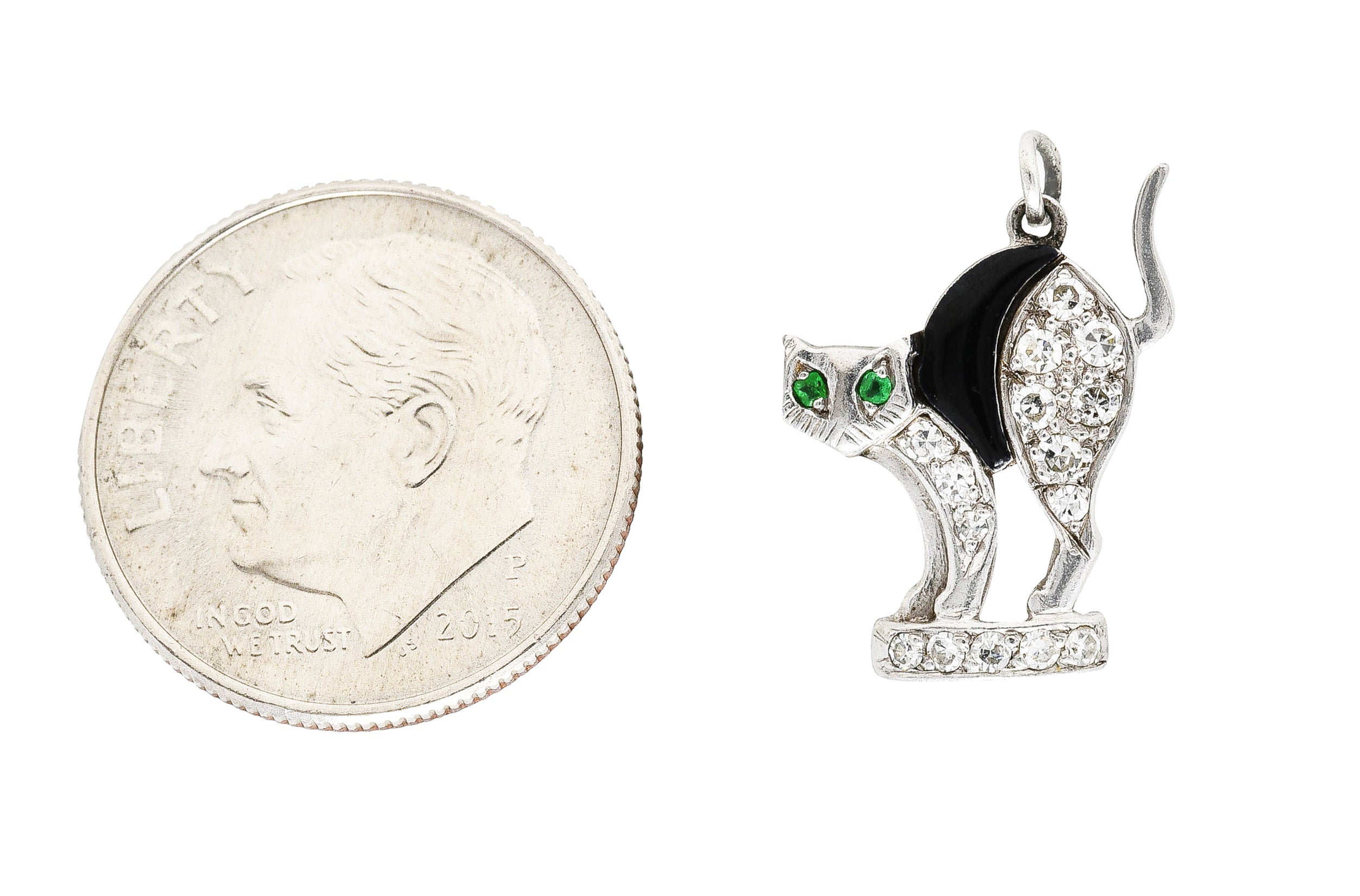 Art Deco Onyx Diamond Emerald Platinum Antique Cat Charm Wilson's Estate Jewelry