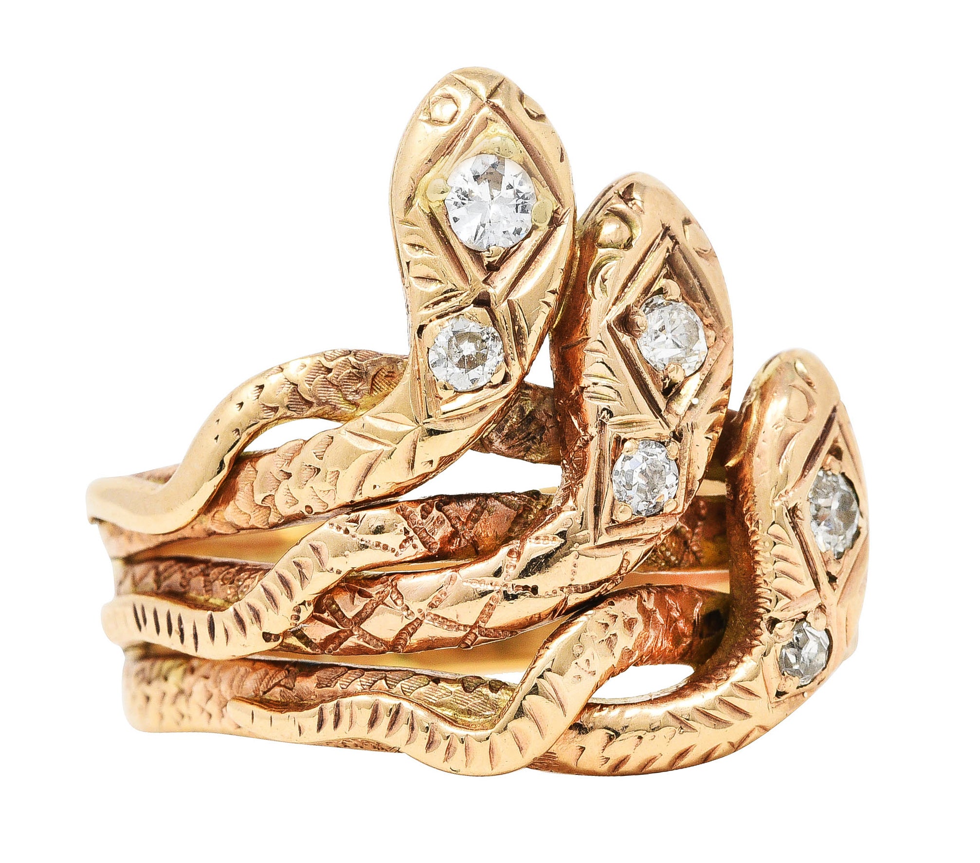 Late Victorian Diamond 10 Karat Rose Gold Snake Unisex Ring Wilson's Antique & Estate Jewelry