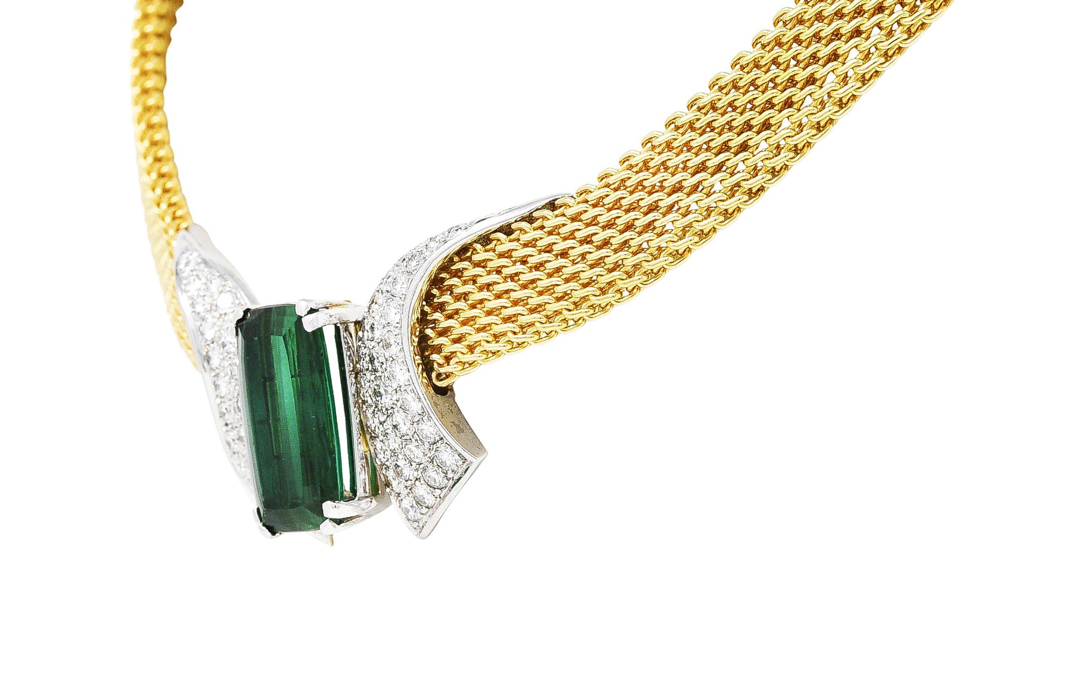 Dankner 1960's 9.65 CTW Cushion Cut Green Tourmaline Diamond 14 Karat Two-Tone Gold Vintage Station Collar Necklace Wilson's Estate Jewelry