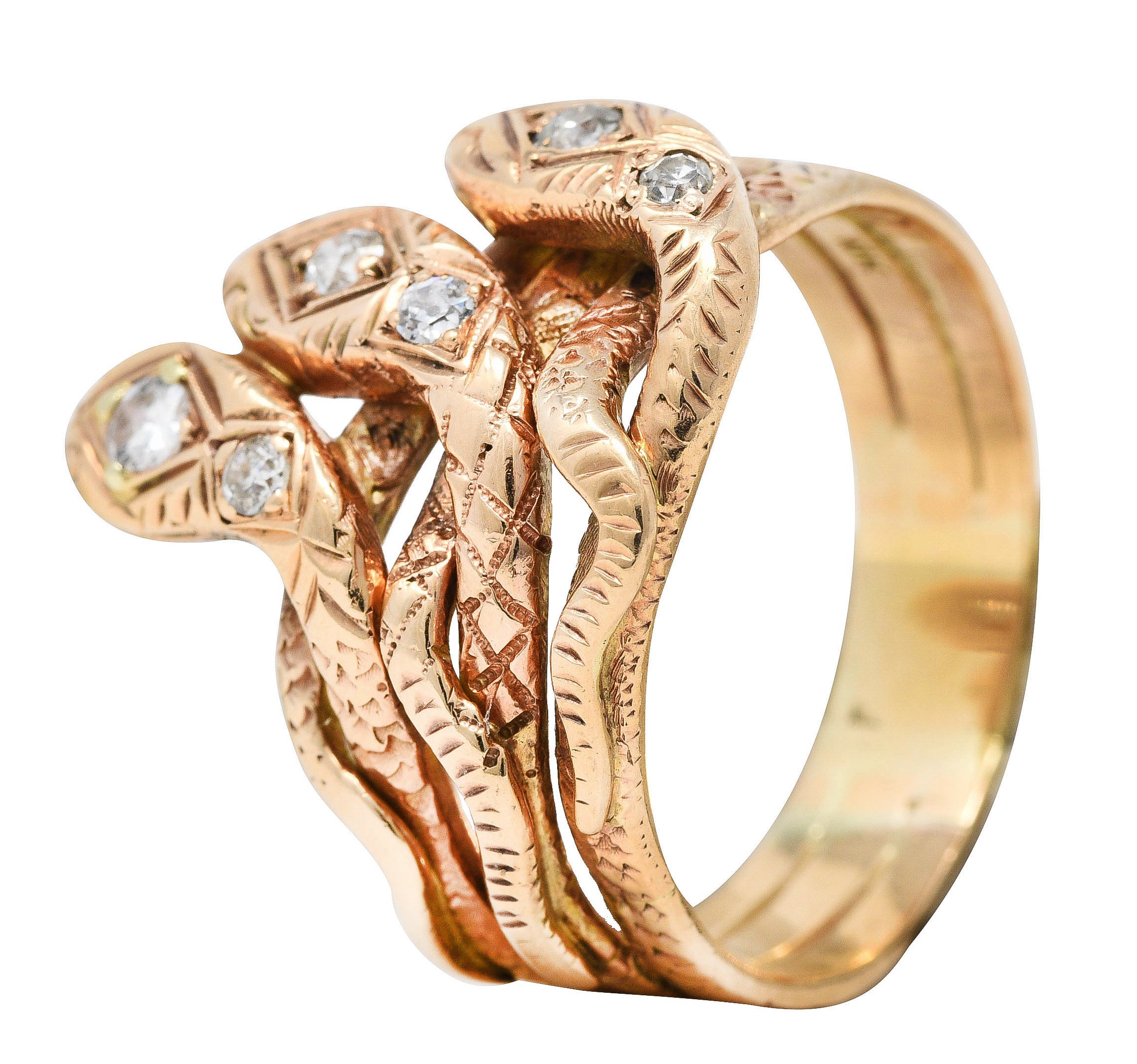 Late Victorian Diamond 10 Karat Rose Gold Snake Unisex Ring Wilson's Antique & Estate Jewelry