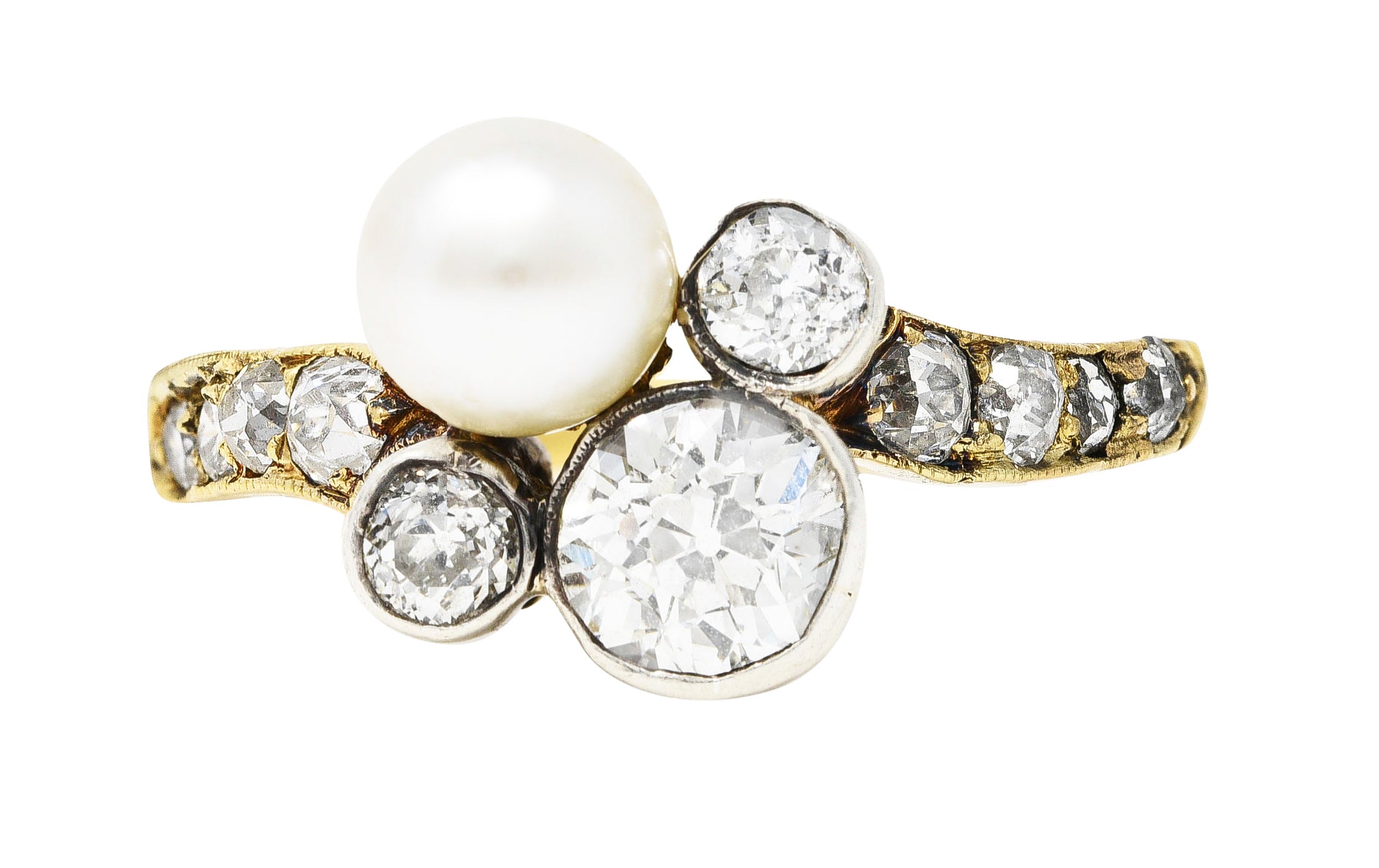 Edwardian 1.18 CTW Diamond Pearl Platinum-Topped 18 Karat Gold Cluster Antique Ring Wilson's Estate Jewelry