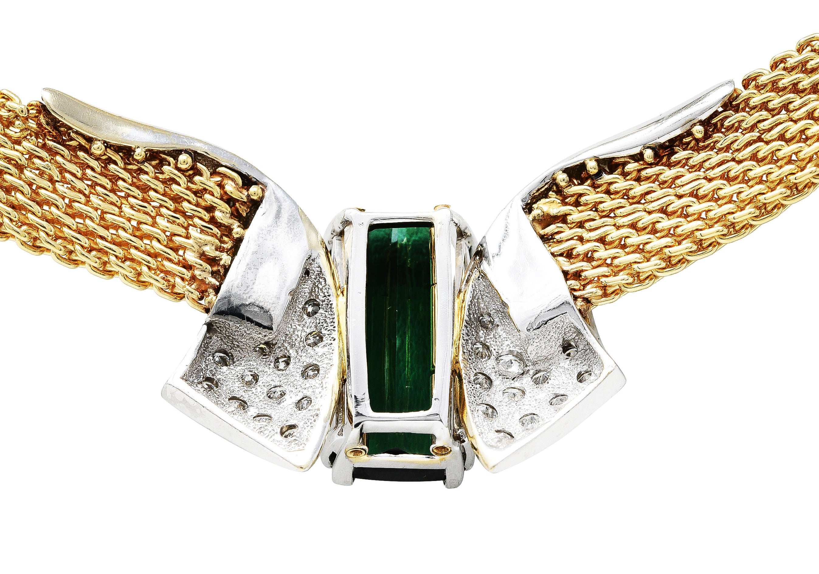 Dankner 1960's 9.65 CTW Cushion Cut Green Tourmaline Diamond 14 Karat Two-Tone Gold Vintage Station Collar Necklace Wilson's Estate Jewelry