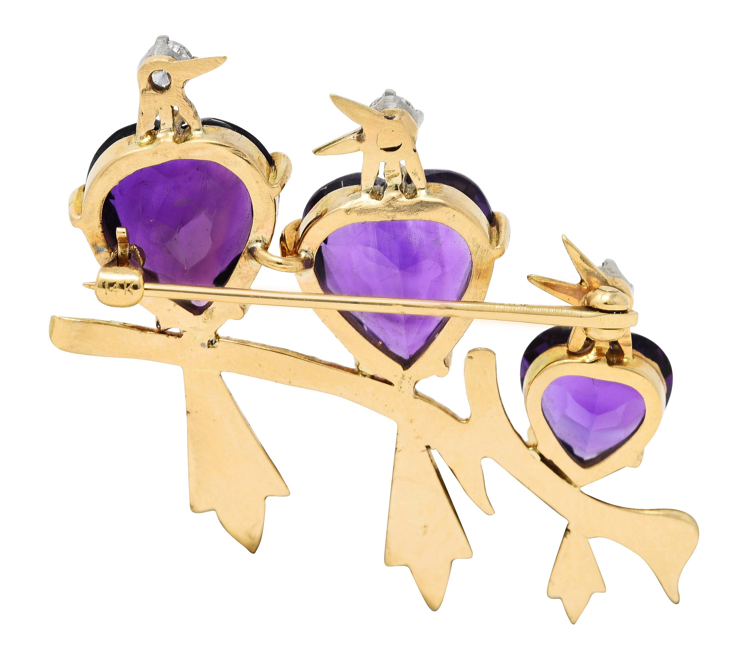 1960's Vintage Diamond Amethyst 14 Karat Yellow Gold Bird Brooch Wilson's Antique & Estate Jewelry