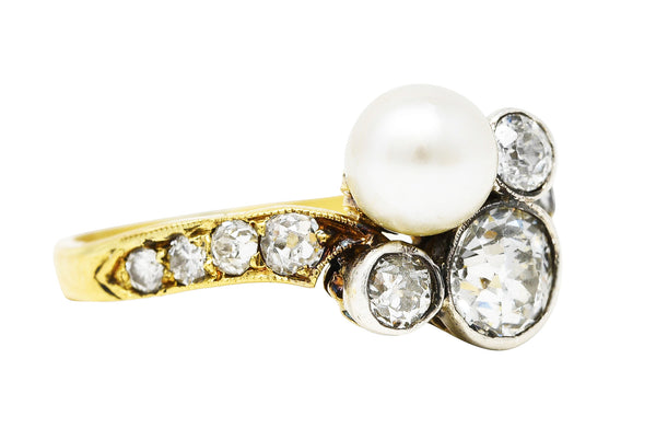 Edwardian 1.18 CTW Diamond Pearl Platinum-Topped 18 Karat Gold Cluster Antique Ring Wilson's Estate Jewelry
