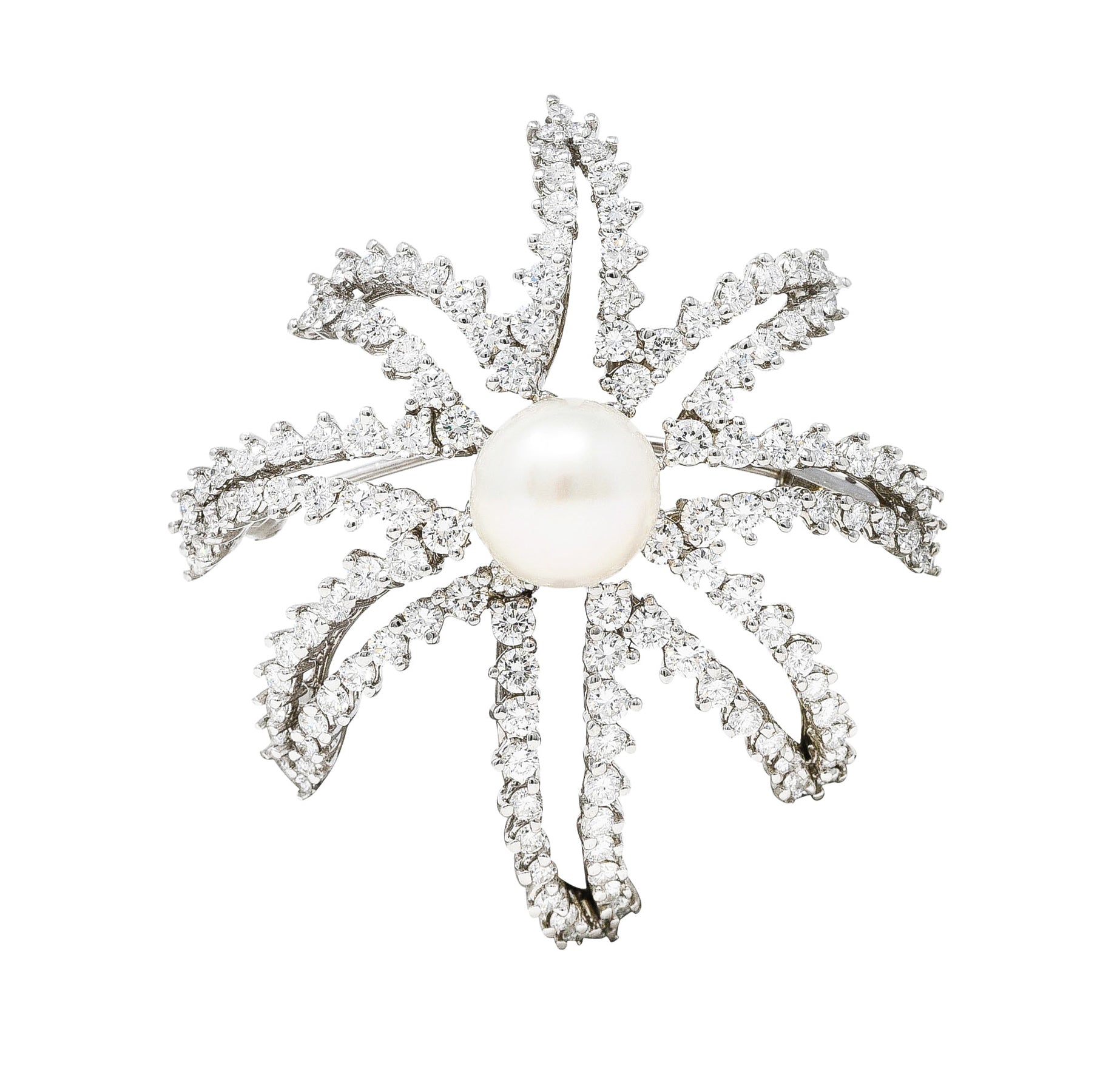 Tiffany & Co. South Sea Pearl 3.50 CTW Diamond Platinum Vintage Firework Brooch Wilson's Estate Jewelry