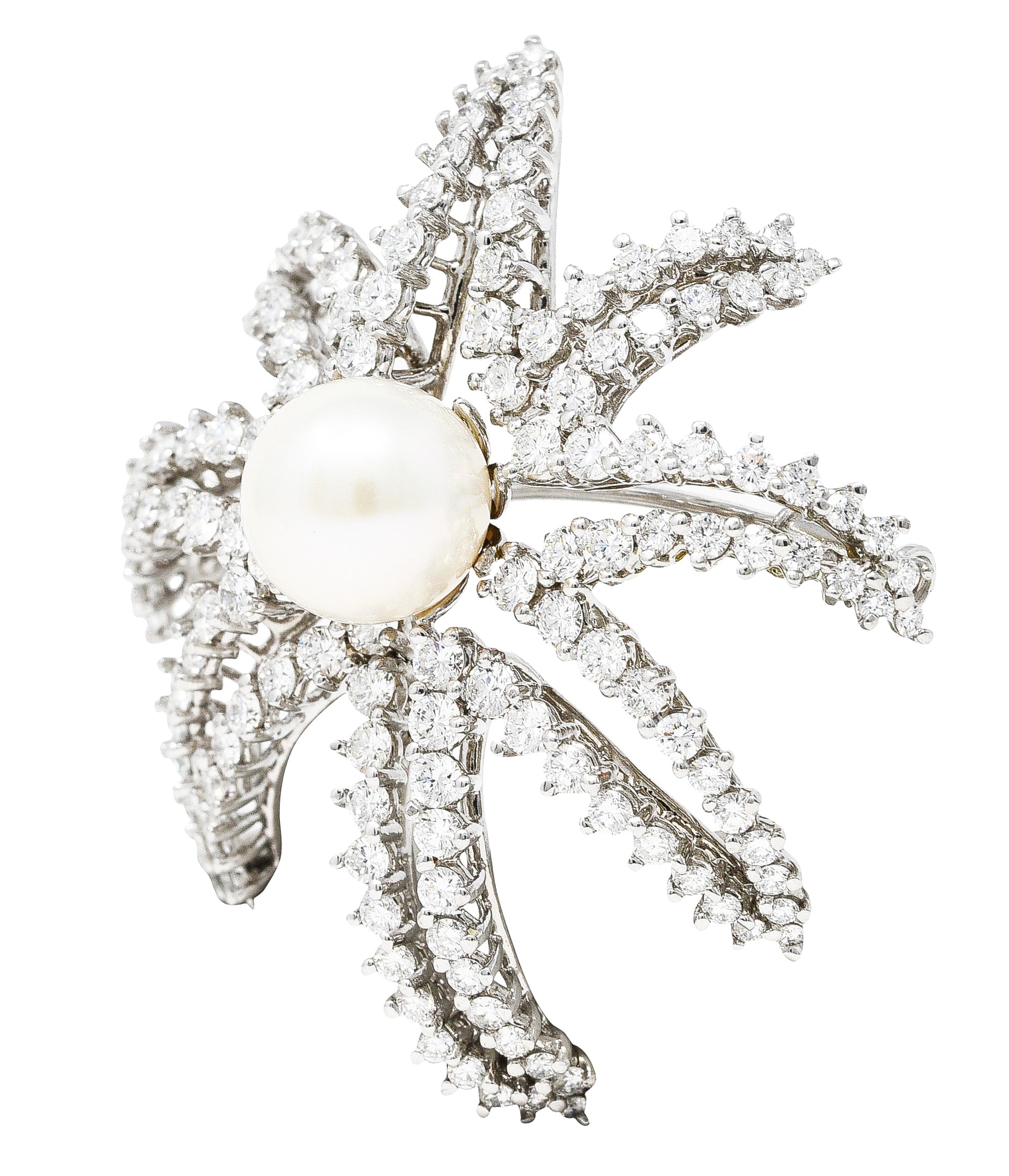 Tiffany & Co. South Sea Pearl 3.50 CTW Diamond Platinum Vintage Firework Brooch Wilson's Estate Jewelry