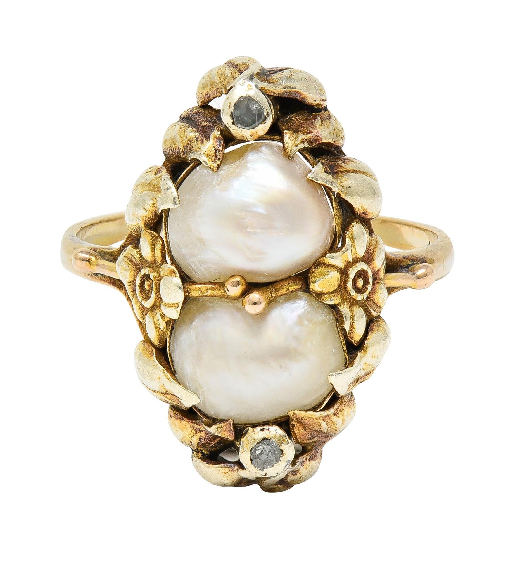 Arts & Crafts Diamond Baroque Pearl 14 Karat Yellow Gold Floral Dinner Ring